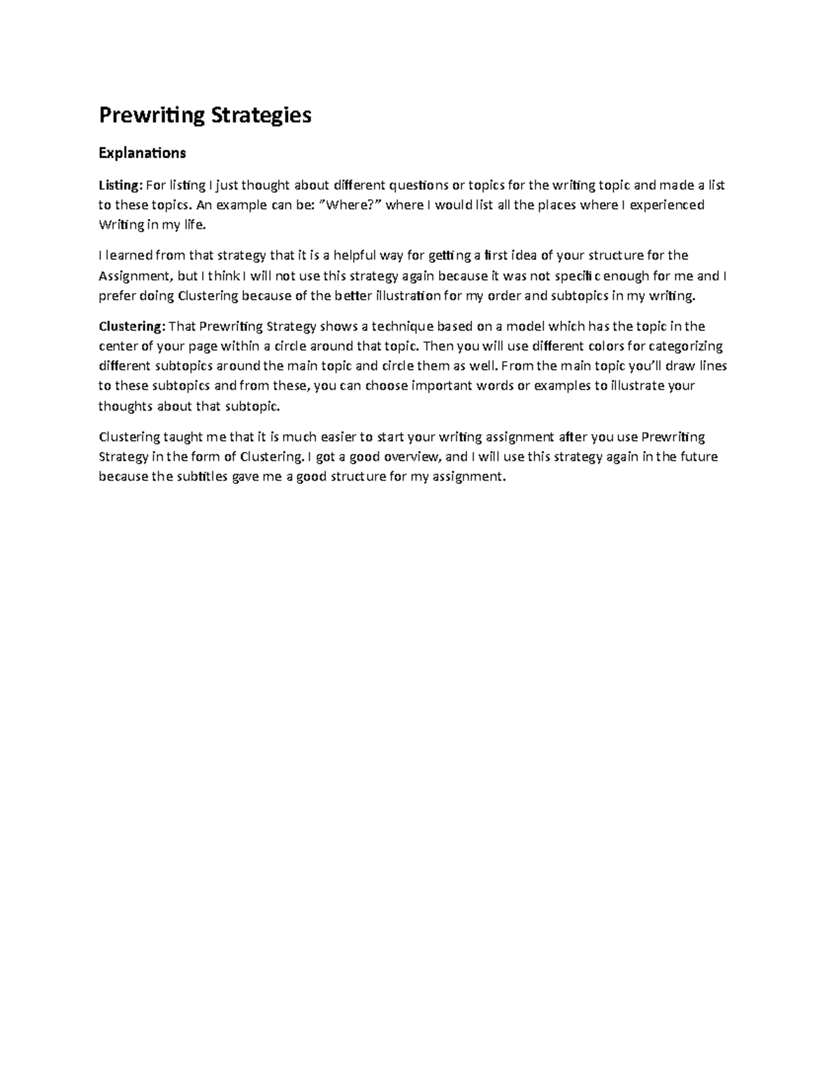 Prewriting strategiesassignment Prewriting Strategies Explanations