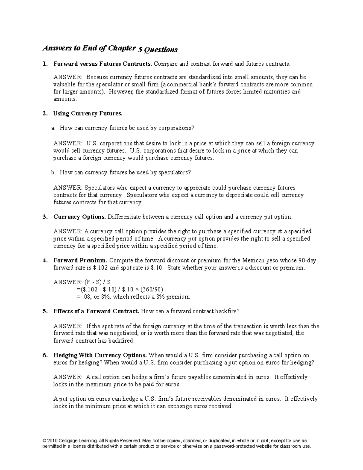 International Finance Madura IFM10e IM Ch05 Answers To End Of Chapter 