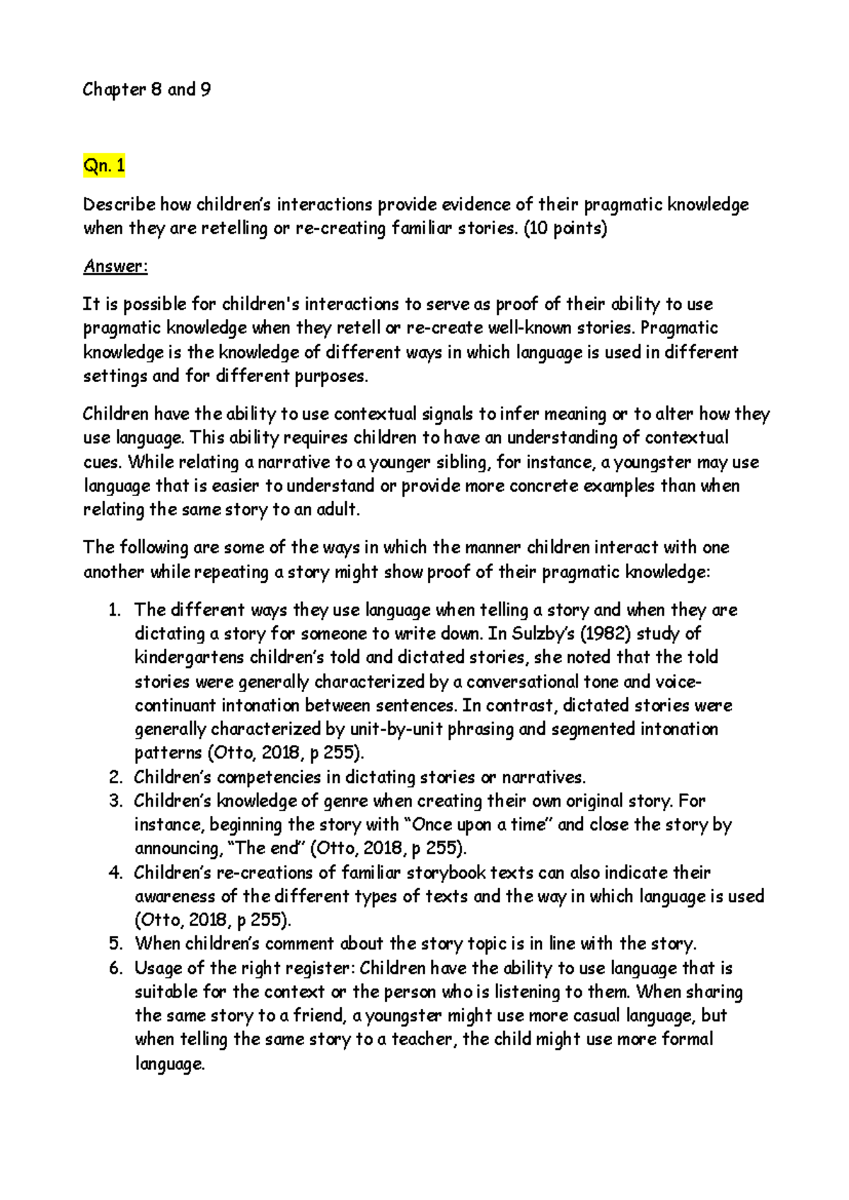 Chapter 8 and 9 Answers - Chapter 8 and 9 Qn. 1 Describe how children’s ...