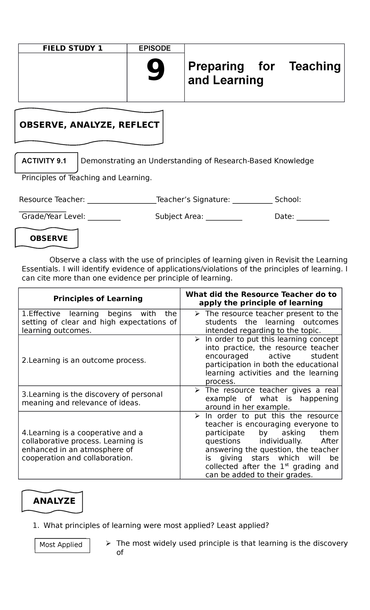 FS1.-EP9-EP16 - 2wgeuwge - FIELD STUDY 1 EPISODE Preparing For Teaching ...