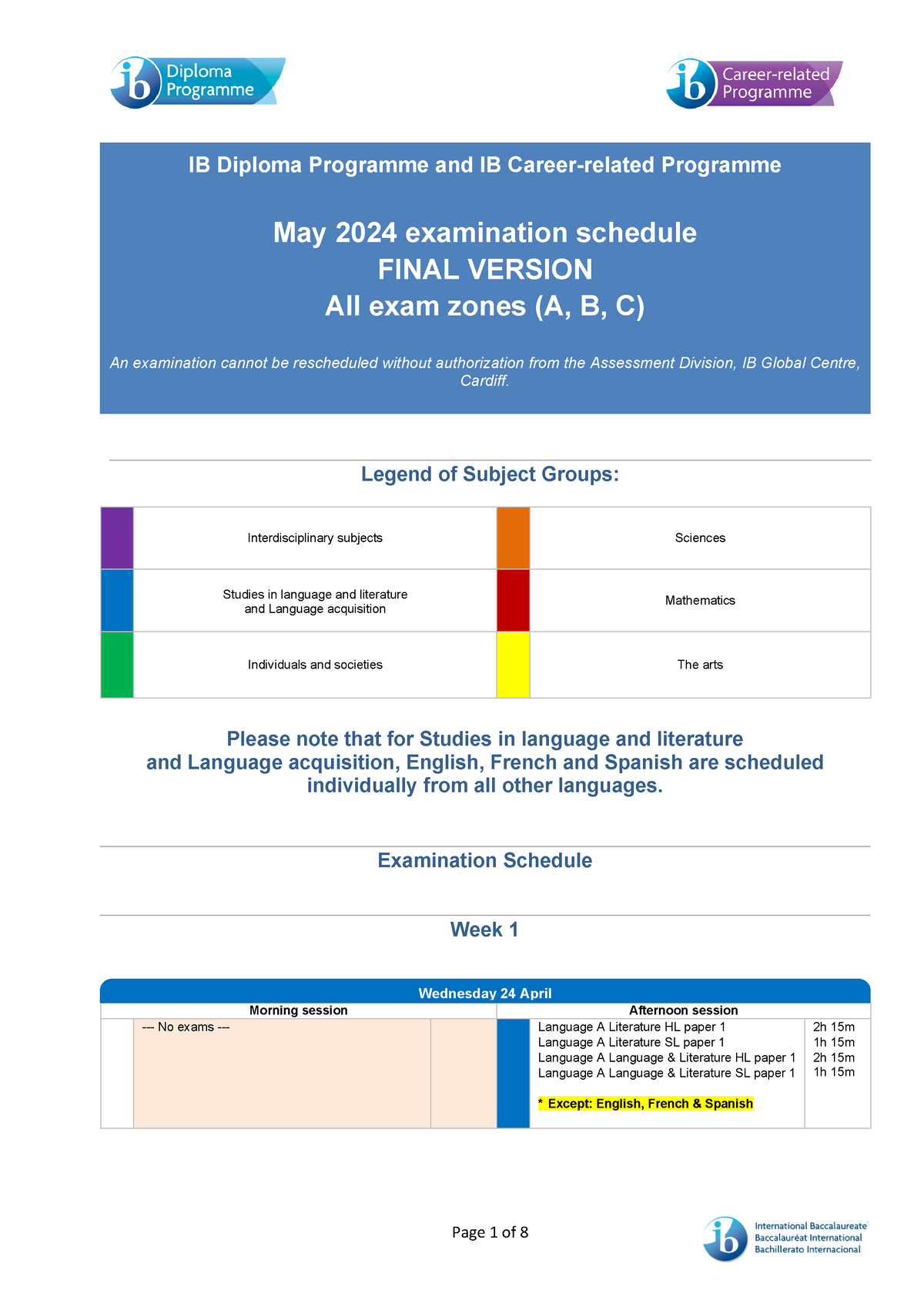 May 2024 exam schedule Specificaitons IB Diploma Programme and IB