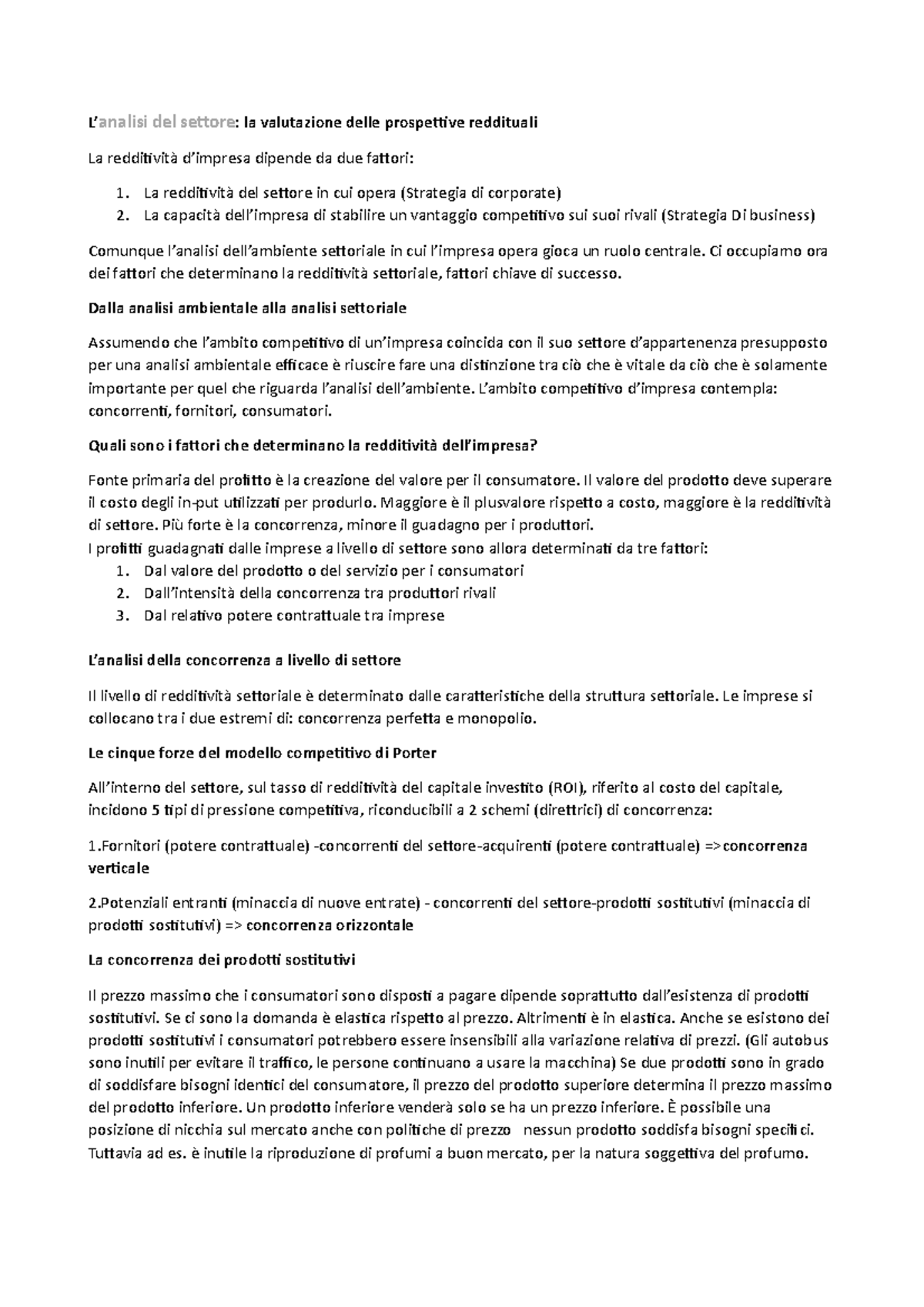 Analisi di settore riassunto del settore