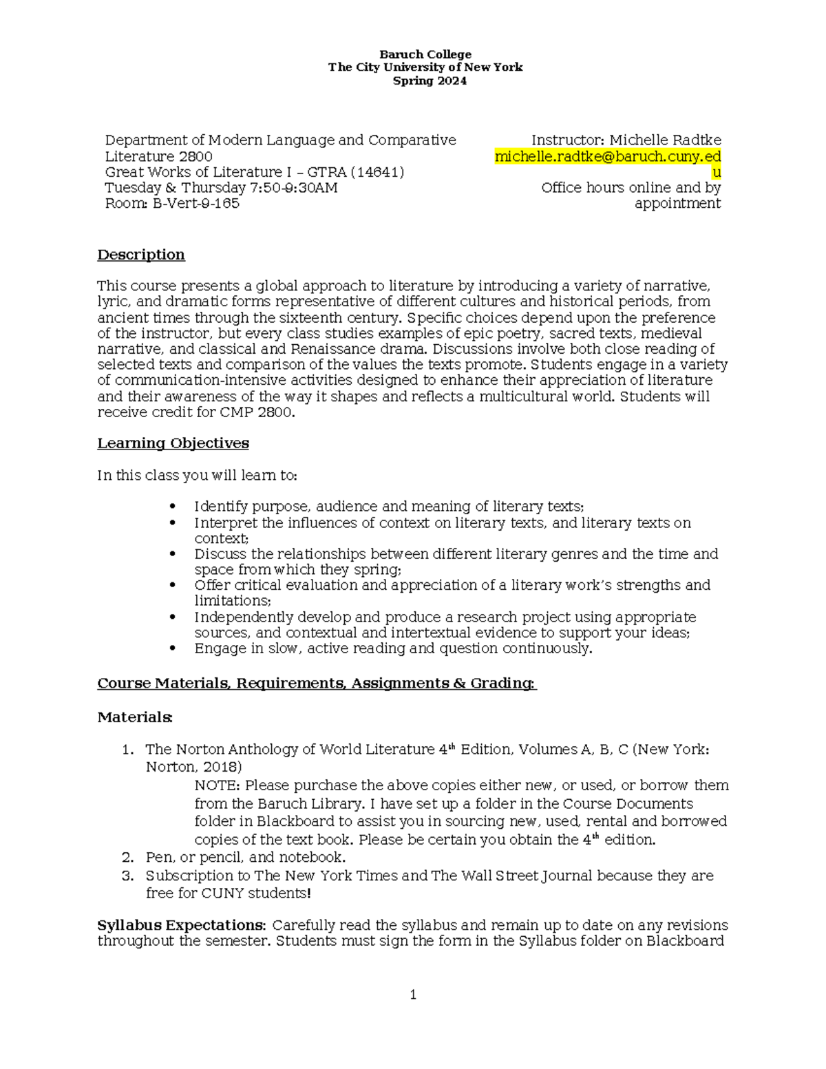 Great Works TTh Spring 2024 Syllabus GTRA v2 - The City University of ...