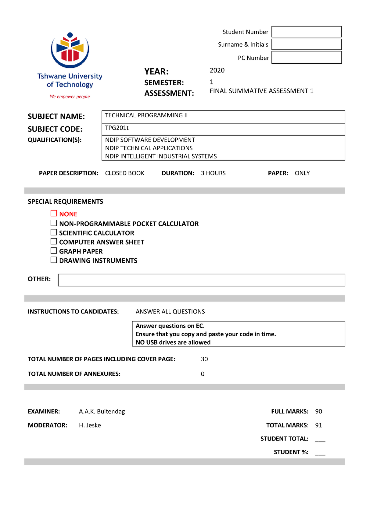 TPG201T S1 2020 Final Summative Assessment 1 MEMO Code - YEAR: Student ...