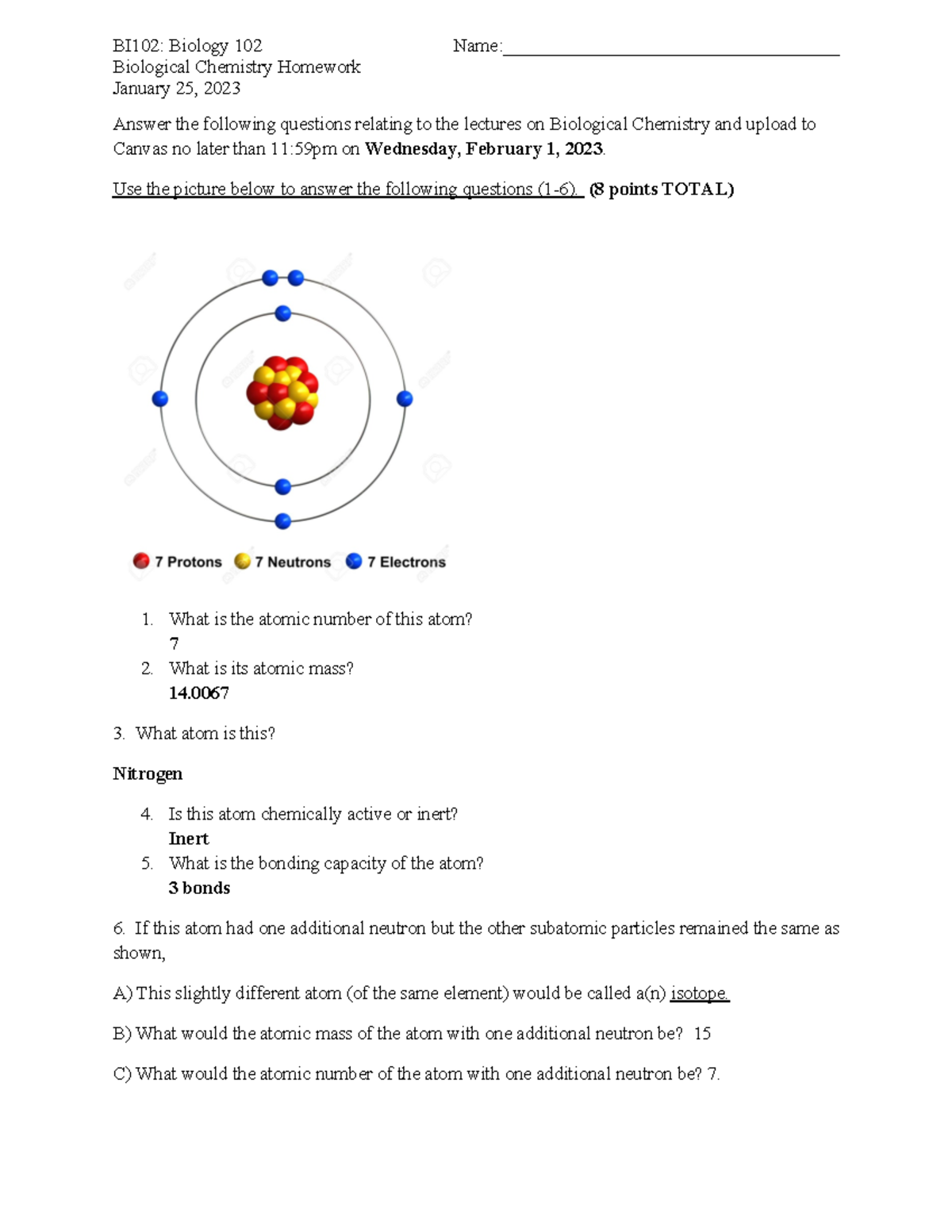 BI102 Biological Chemistry Homework 2023 - BI102: Biology 102 - Studocu