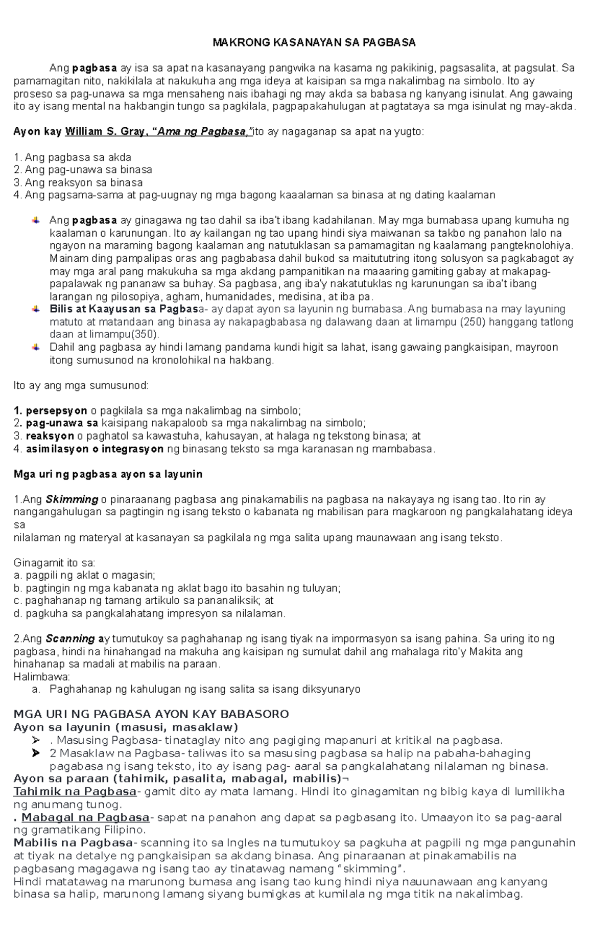 Handouts FOR Final (FIL 1) - MAKRONG KASANAYAN SA PAGBASA Ang Pagbasa ...