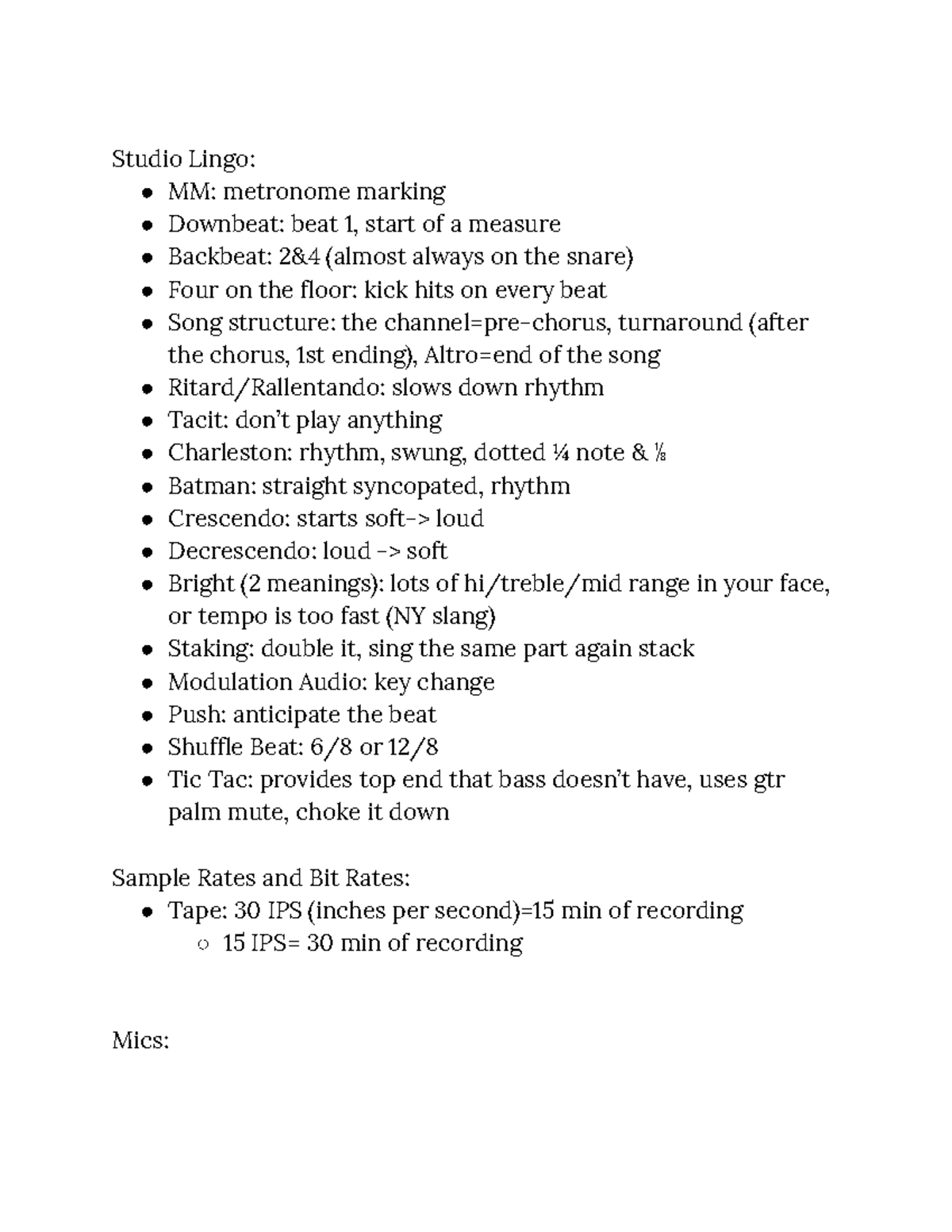 Recording Workshop Everything - Studio Lingo: MM: metronome marking ...