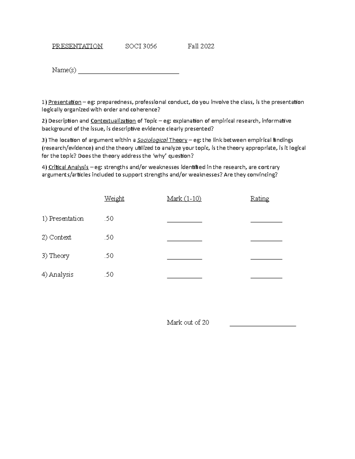 Presentation marking key 3056 PRESENTATION SOCI 3056 Fall 2022 Name(s) Studocu