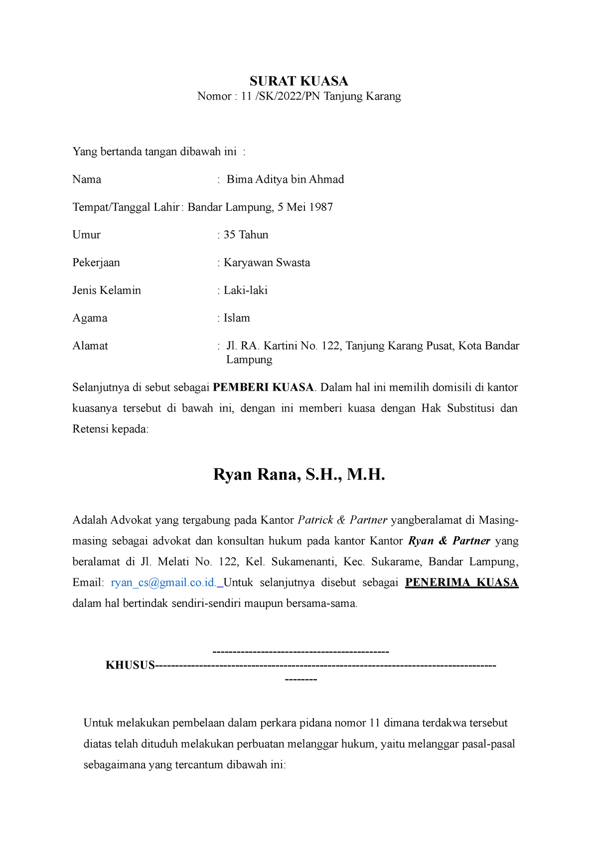 Surat Kuasa Perkara Pidana Surat Kuasa Nomor 11 Sk2022pn Tanjung