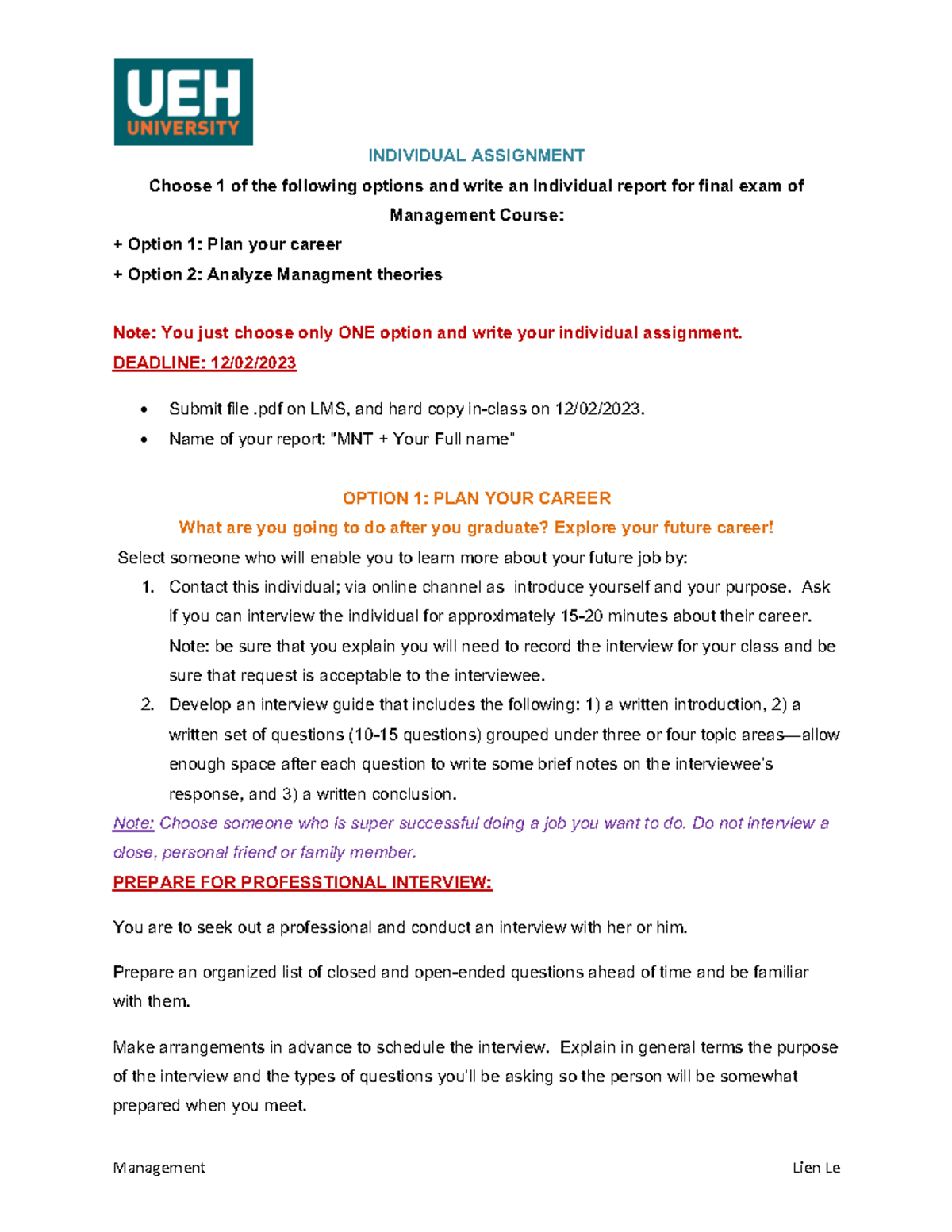 Individual Assignment - MNT - Management Lien Le INDIVIDUAL ASSIGNMENT ...