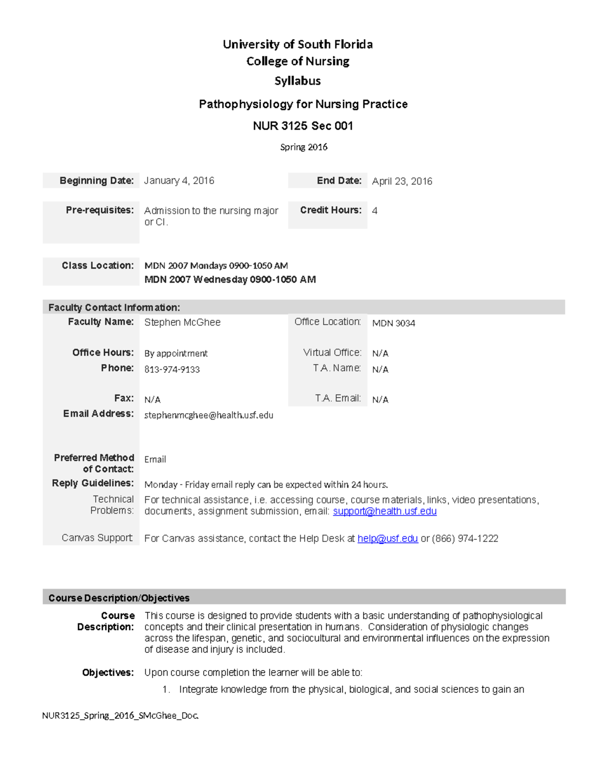 NUR 3125.001 S16 Mc Ghee - College of Nursing Syllabus Pathophysiology ...