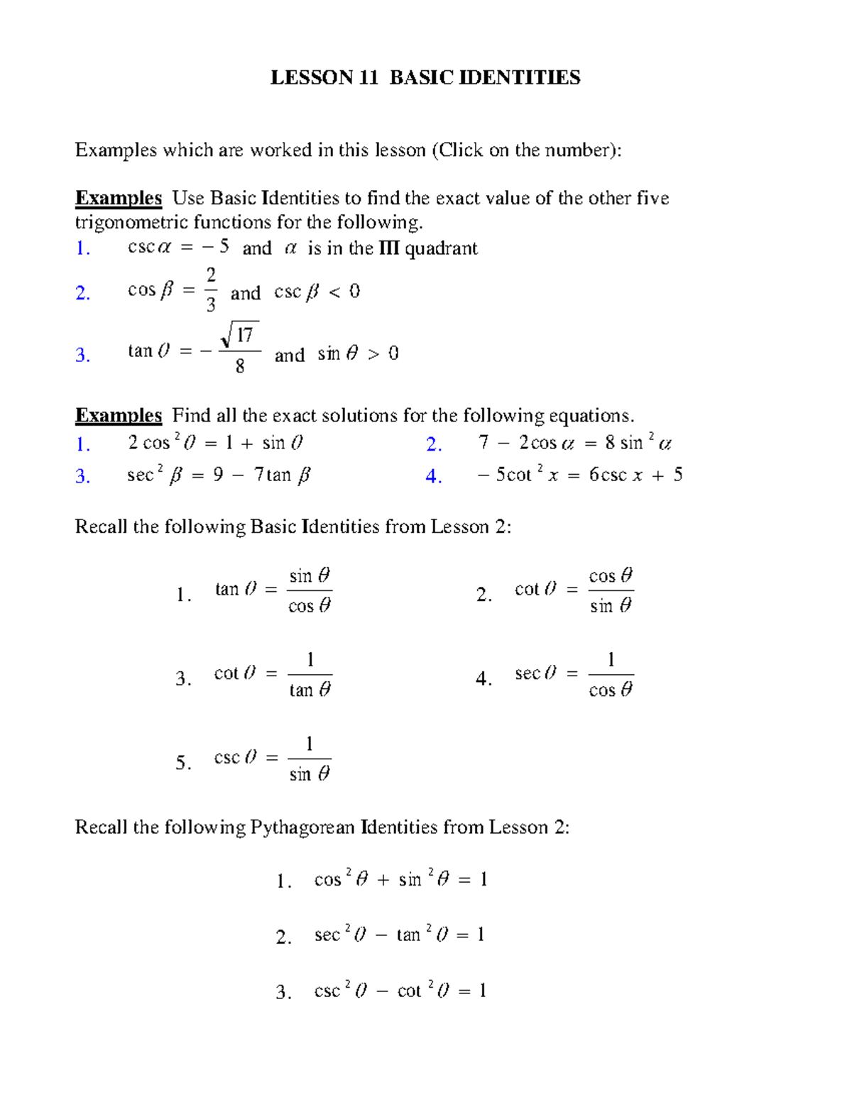 Lesson 11 - Notes from class - LESSON 11 BASIC IDENTITIES Examples ...