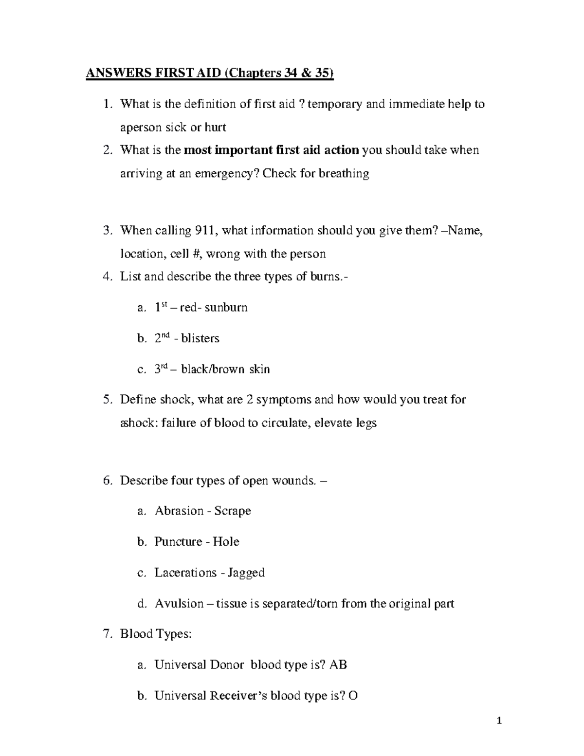 First AID Study Guide Answers Chapters 34 AND 35 ANSWERS FIRST AID