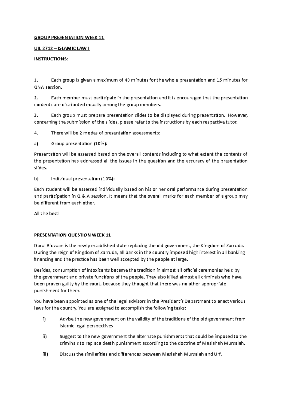 Tutorial - MMU - GROUP PRESENTATION WEEK 11 UIL 2712 – ISLAMIC LAW I ...