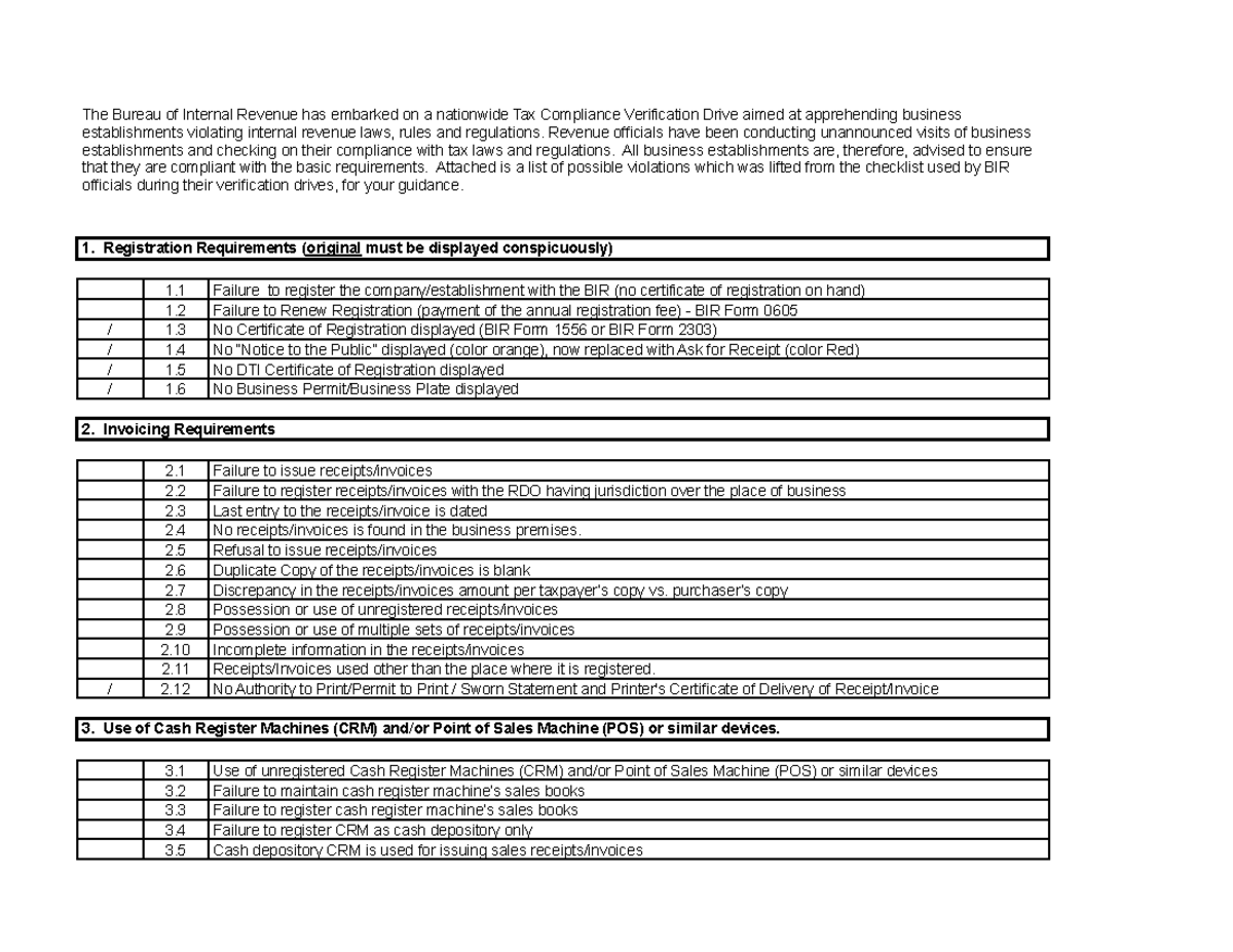 Bir Checklist (tax Mapping) - The Bureau Of Internal Revenue Has 