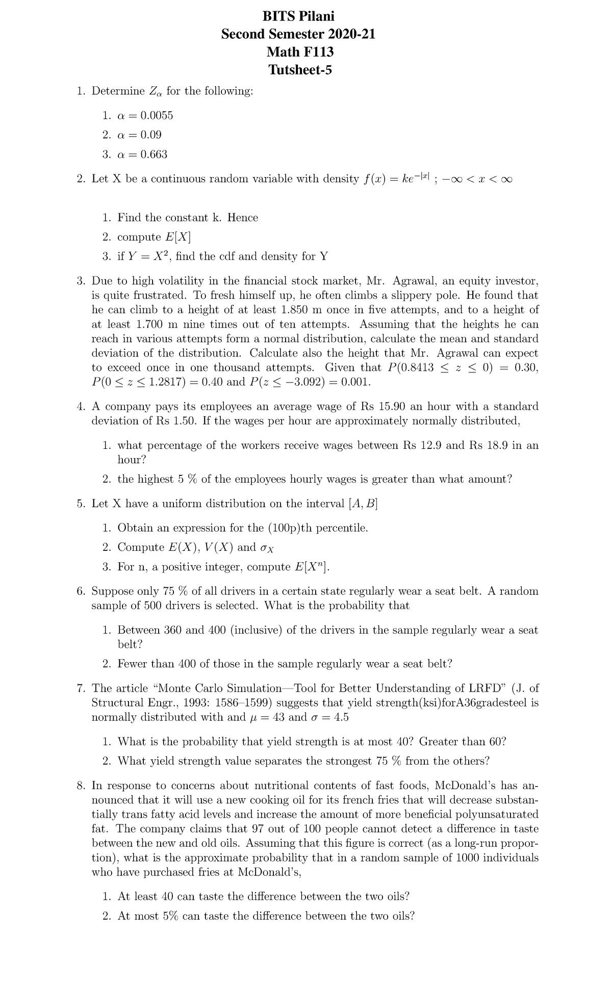 Tutorial Sheet 5 - Mathematics F113 - Probability and Statistics - BITS ...