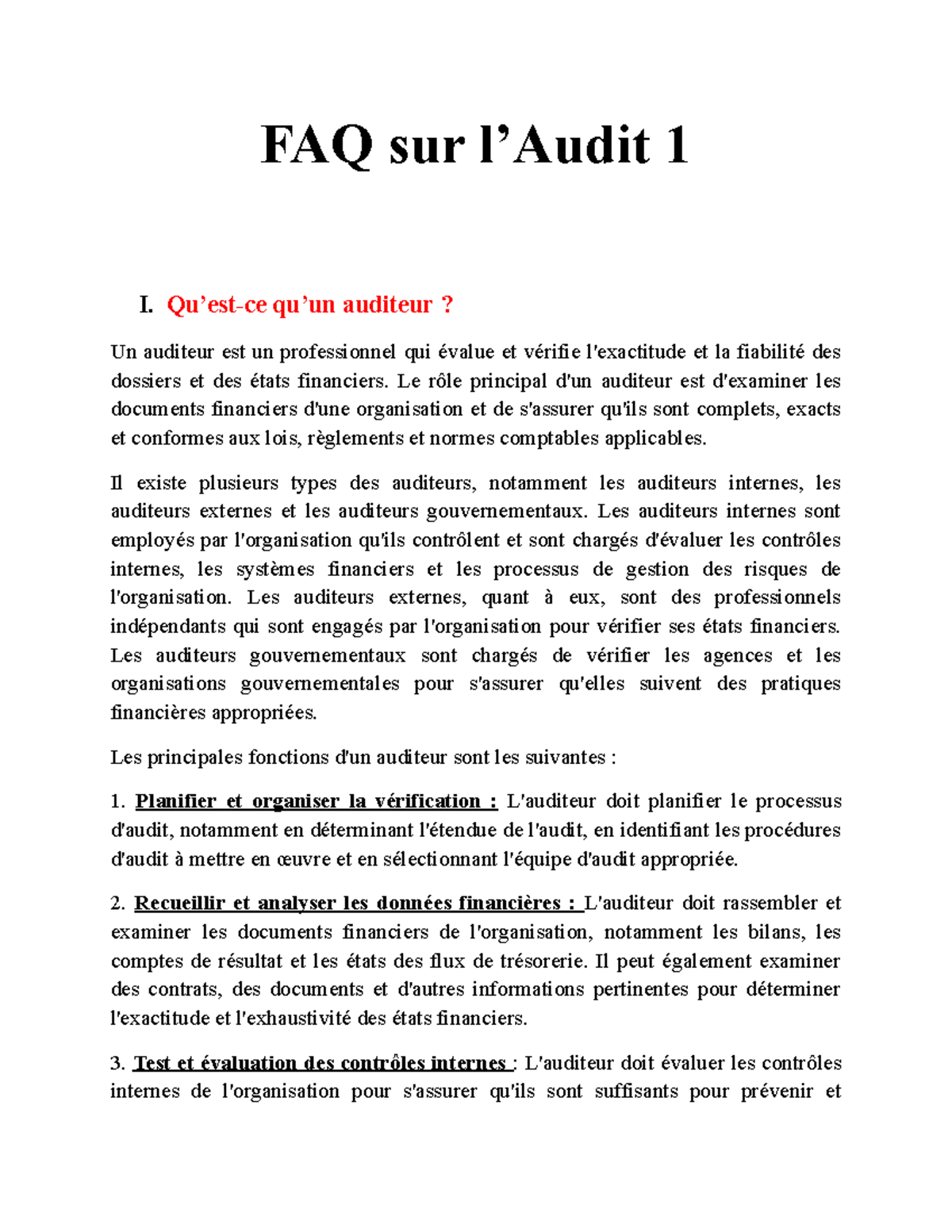 FAQ Sur L'Audit 1 - Ce Document Présente Un Résumé Des Questions ...