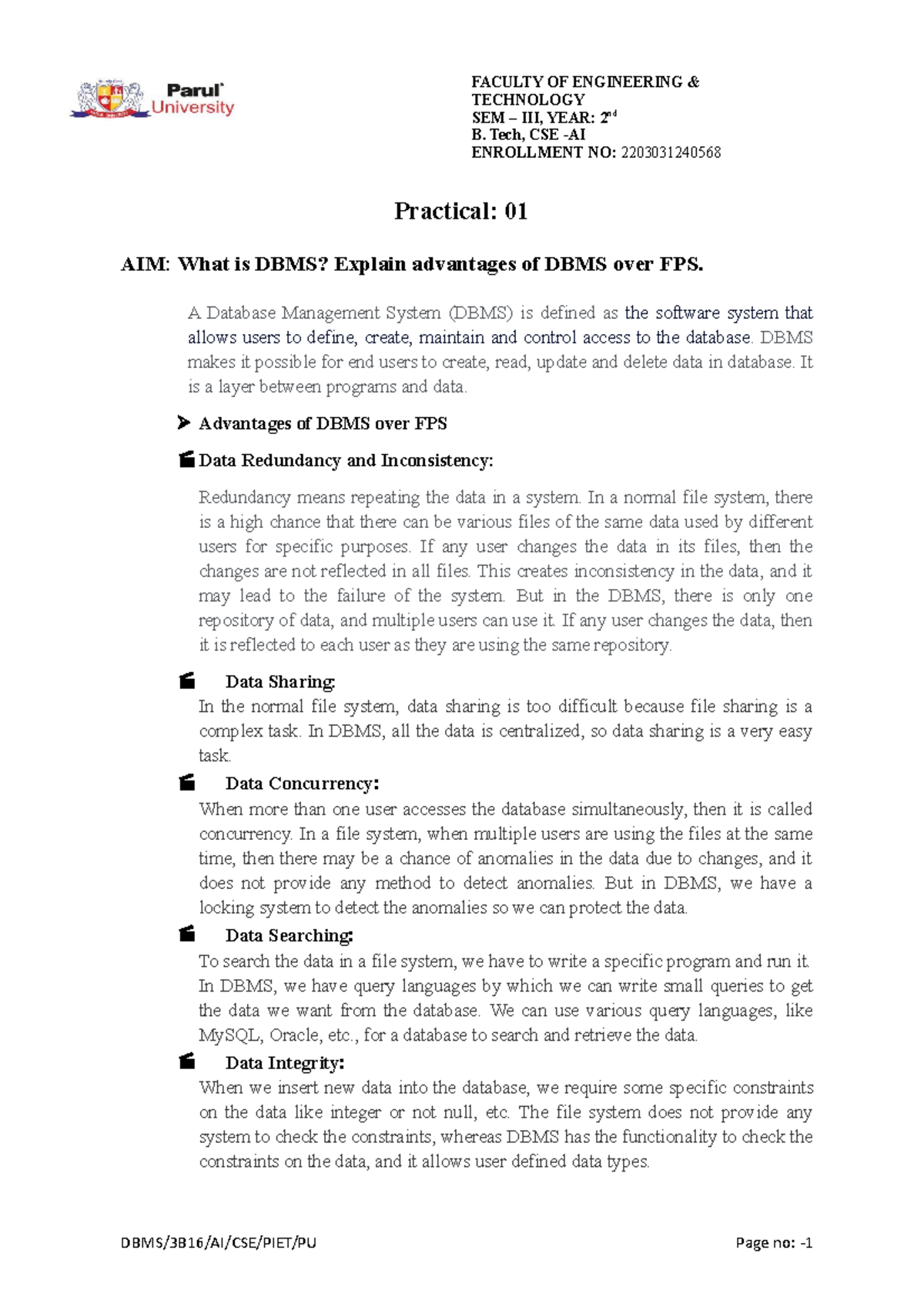 What Is Dbms Explain Advantages Of Dbms Over Fps