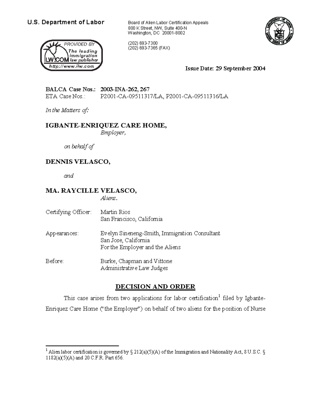 Igbante Enriquez Balca decision - U. Department of Labor Board of Alien ...