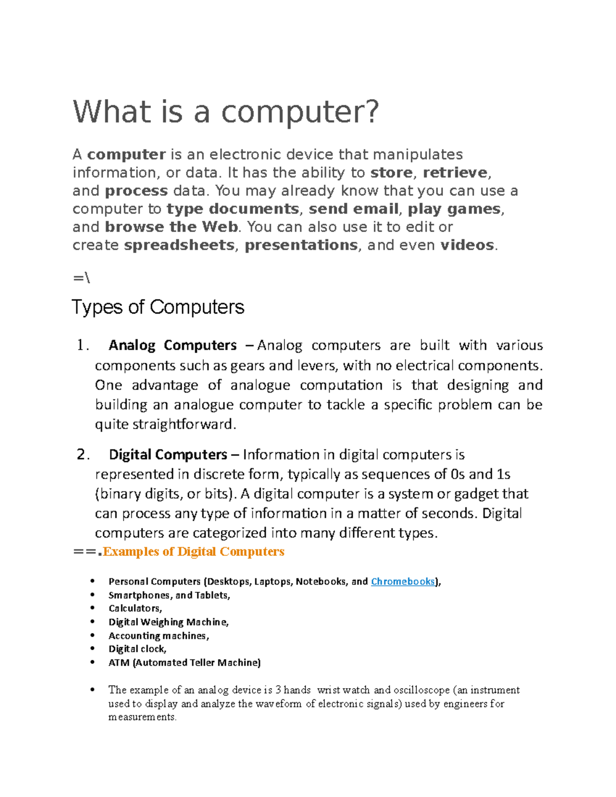 BURP - NOTES - What is a computer? A computer is an electronic device ...