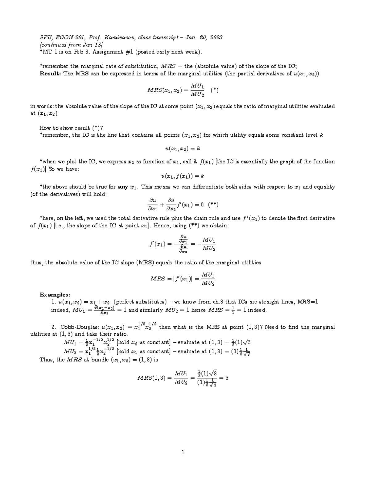 ECON201 ch4-5 notes - SFU, ECON 201, Prof. Karaivanov, class transcript ...