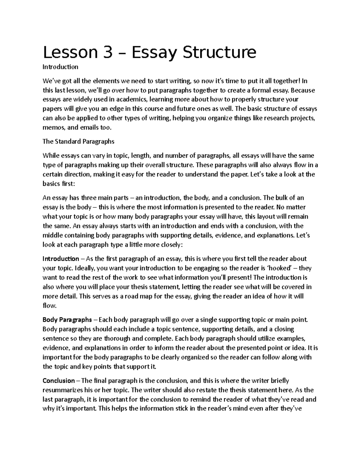 essay structure lesson