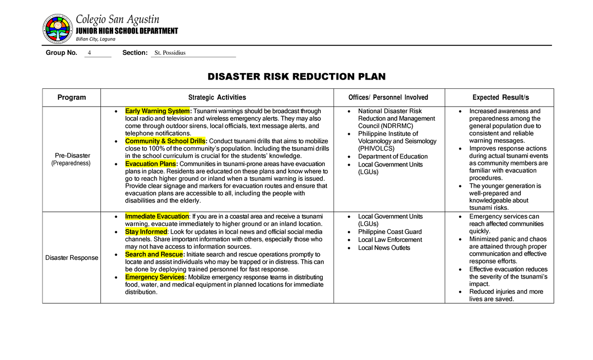 DIsaster Risk Reduction - Colegio San Agustin JUNIOR HIGH SCHOOL ...