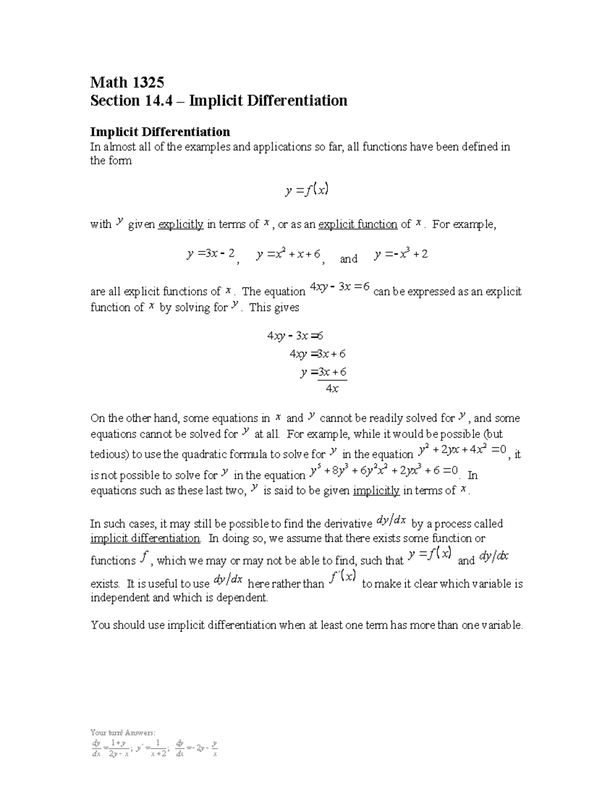Section 14.4 - Implicit Differentiation - Math 1325 Section 14 ...