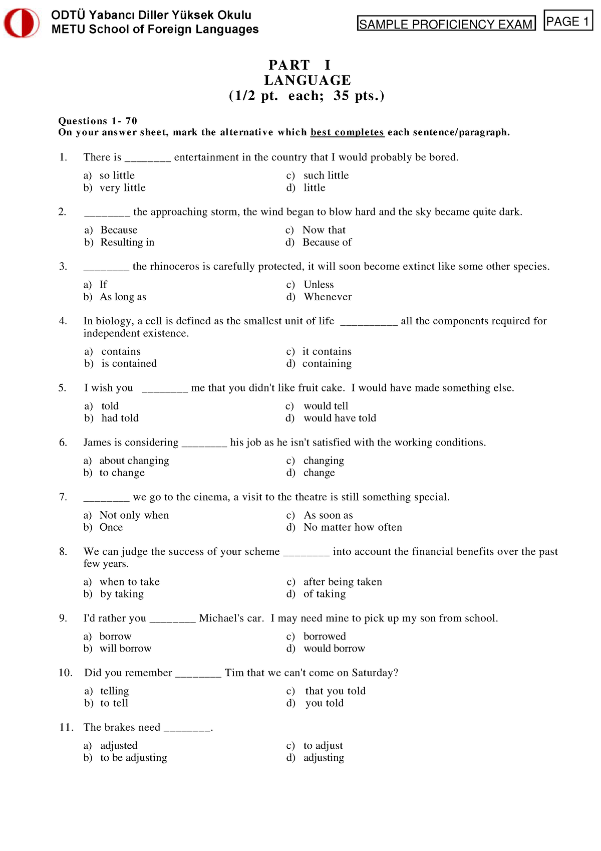 Metu Sample Proficiency Exam - PART I LANGUAGE (1/2 pt. each; 35 pts ...