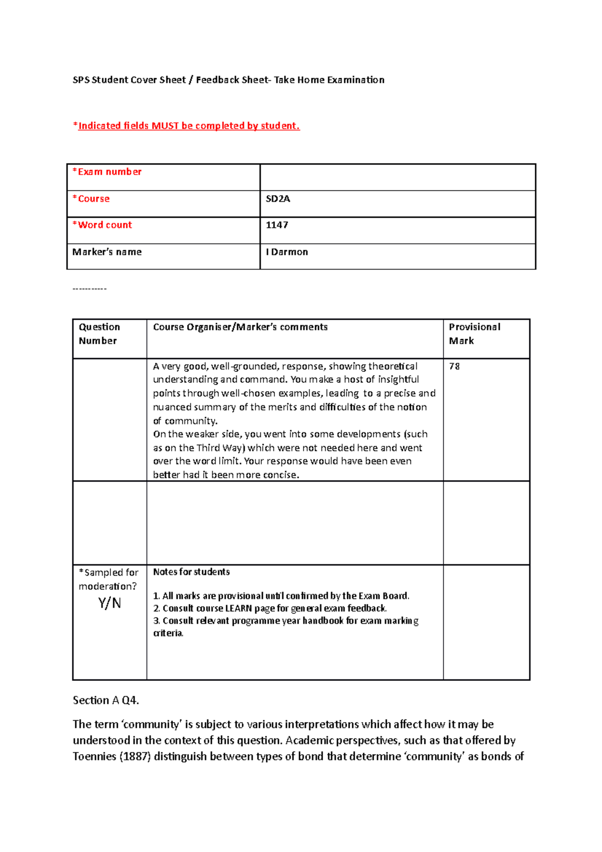 Example 4 - exam essay question - SPS Student Cover Sheet / Feedback ...