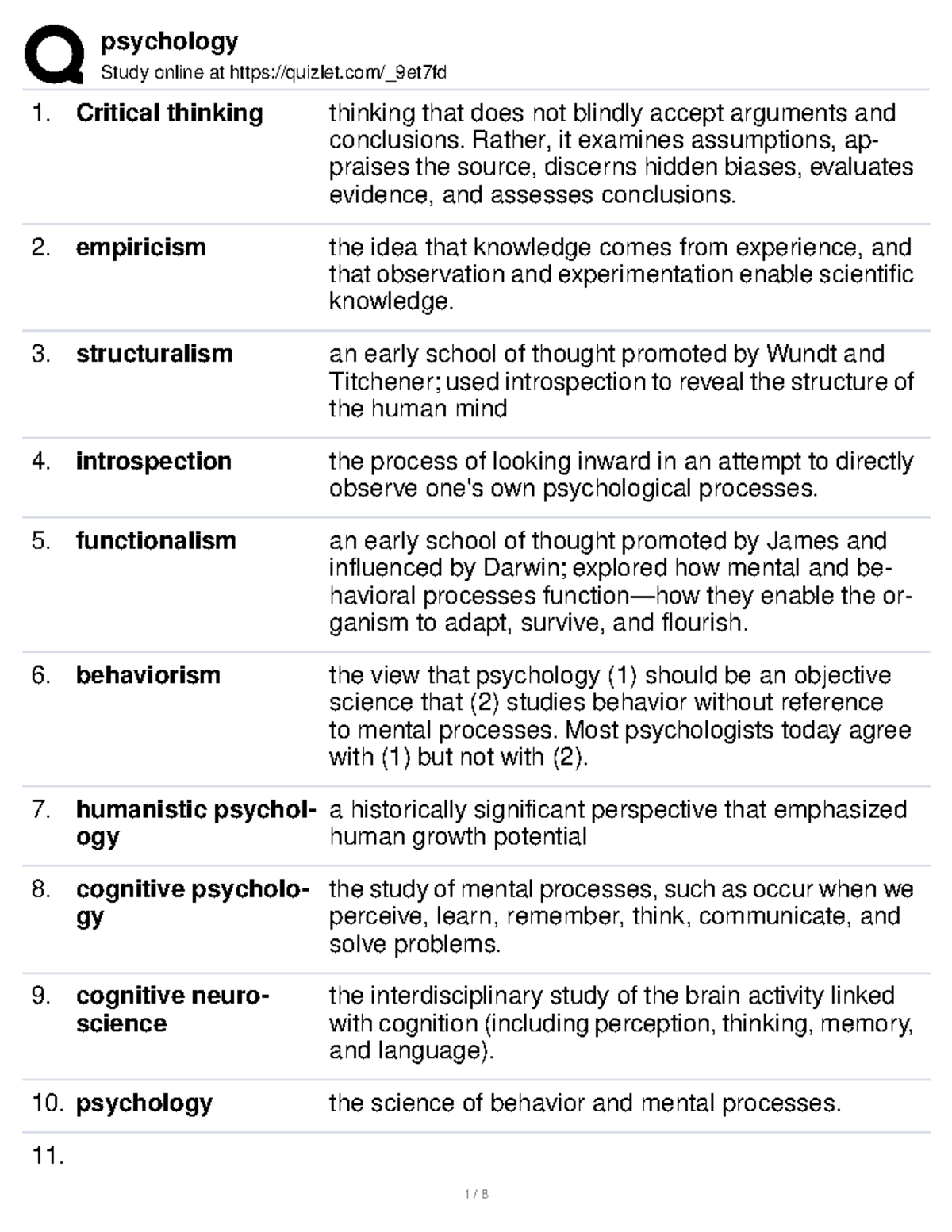 psychology critical thinking quizlet