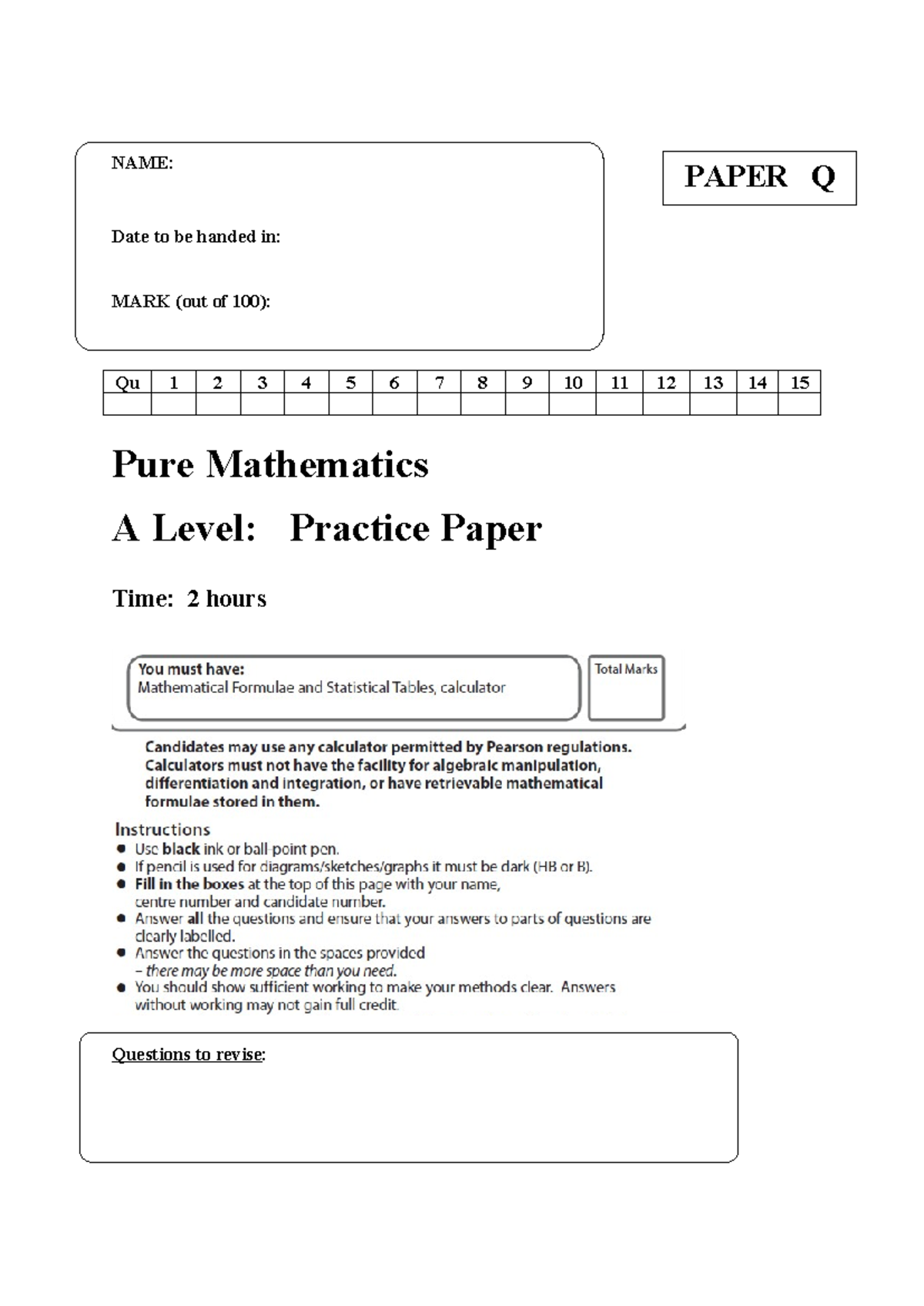 17a a level mathematics practice paper q – pure mathematics - NAME ...