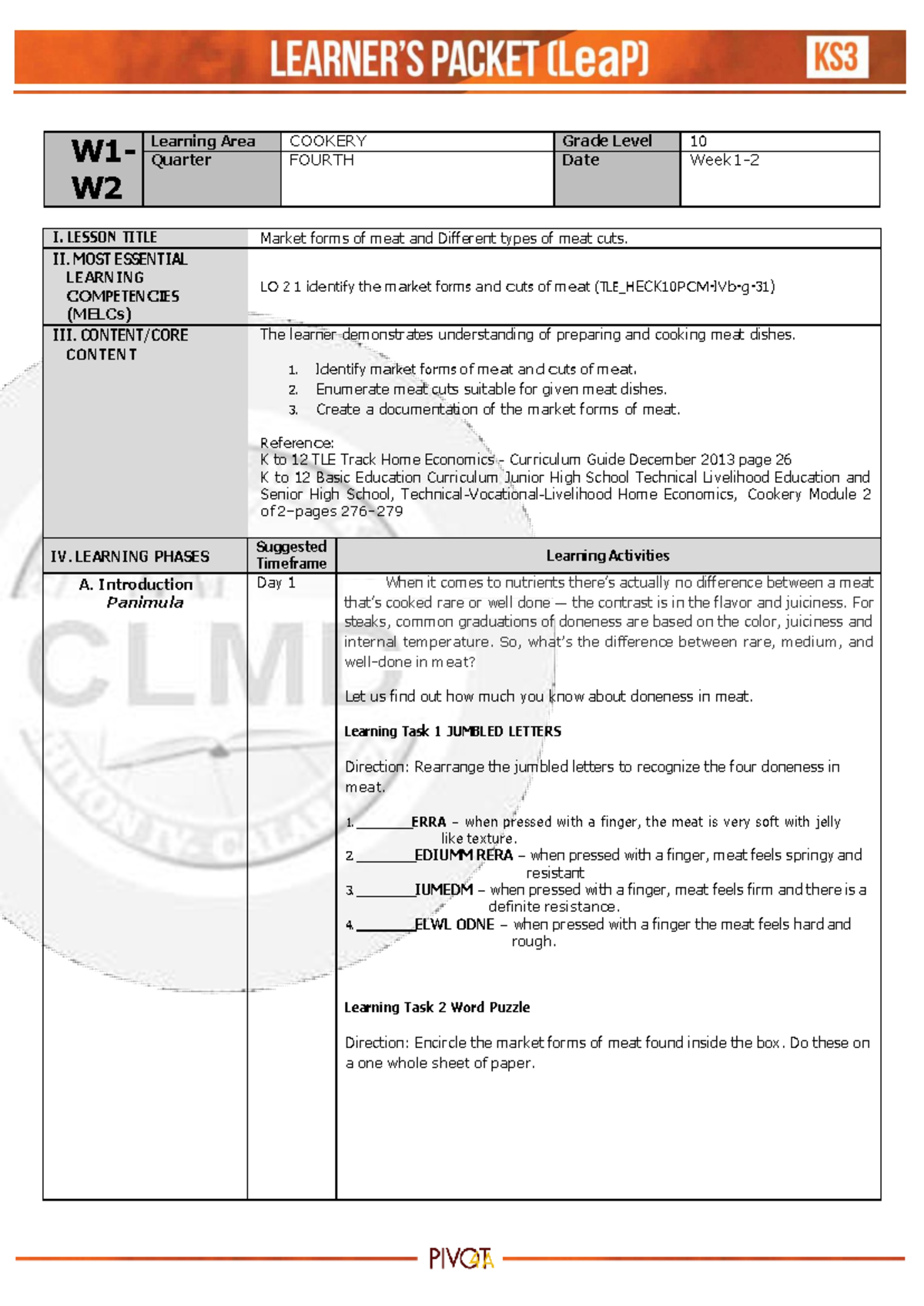 Cookery 10 Q4 W1 W2 W1 W Learning Area Cookery Grade Level 10 Quarter Fourth Date Week1 I 1385