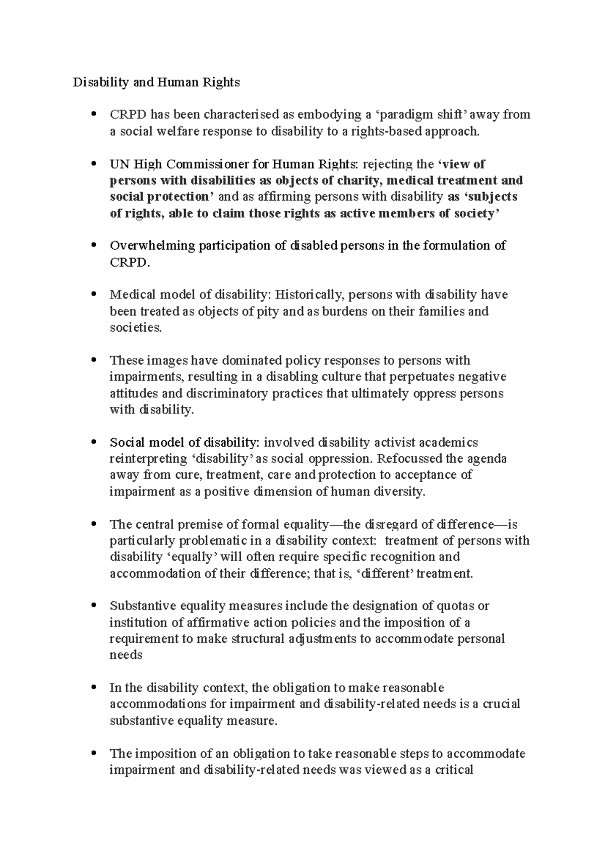 Disability Rights EXAM Notes - Disability and Human Rights CRPD has ...