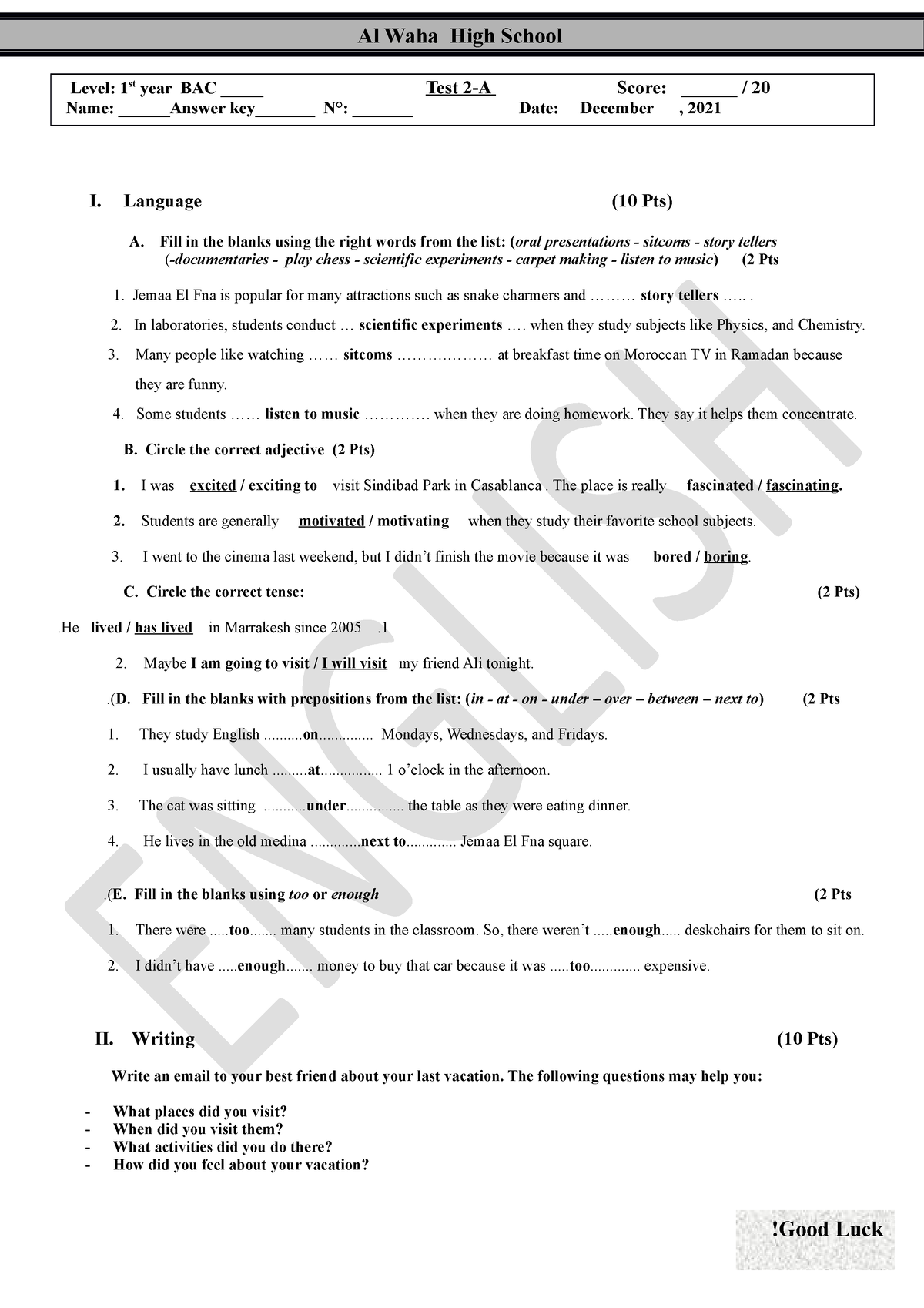 gateway-1-term-1-test-2-a-answer-key-level-1st-year-bac-test