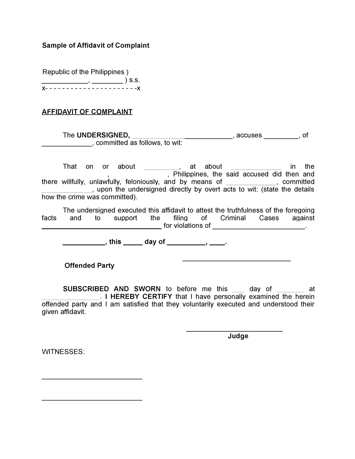 Complaint Affidavit Letter Sample Of Affidavit Of Complaint Republic 