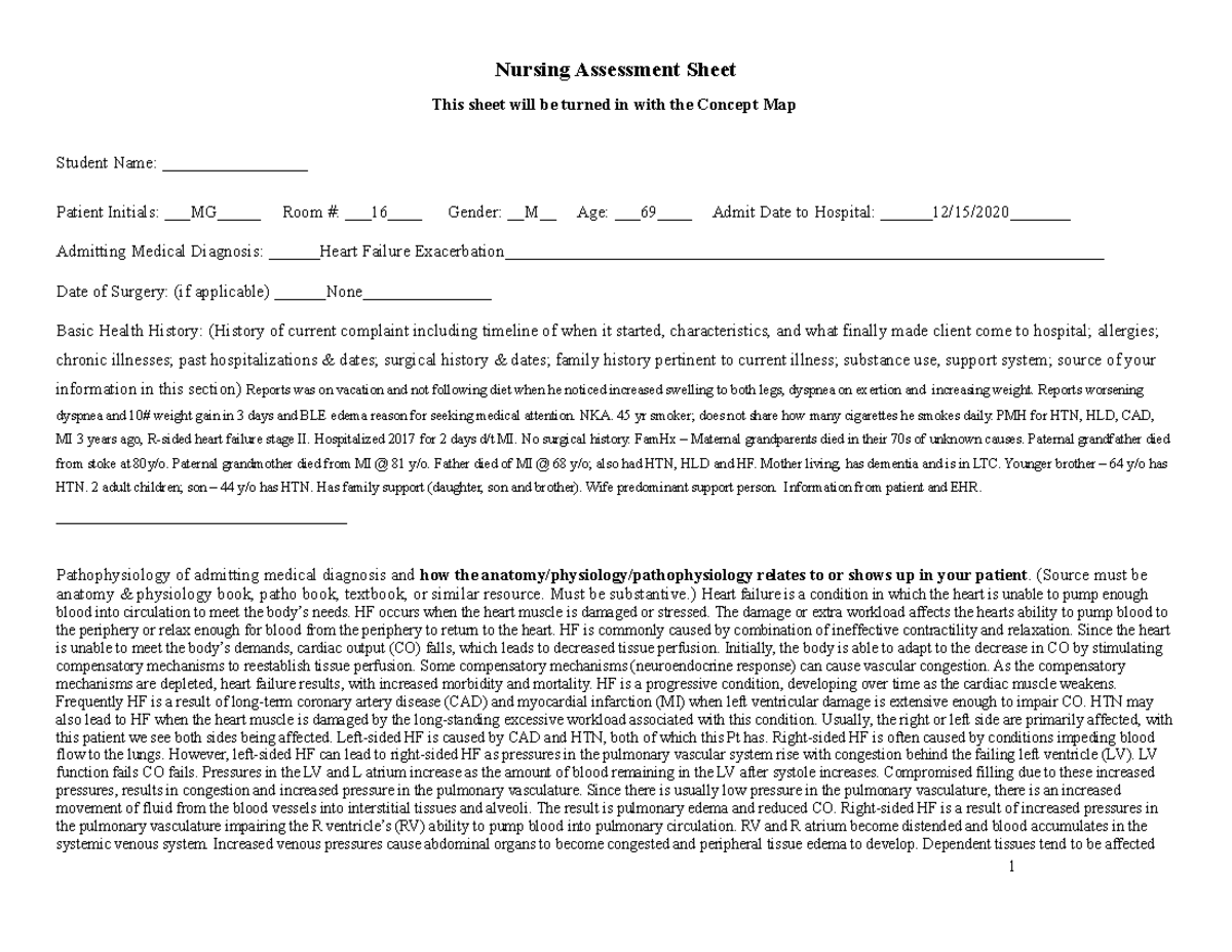 Clinical Packet week 7 Michael Granger Nursing Assessment Sheet This