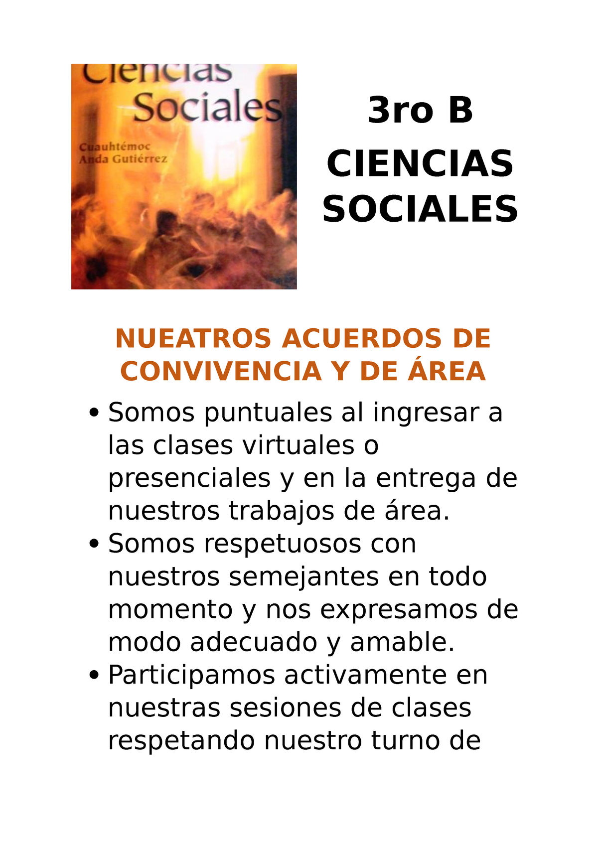 Acuerdos DE Convivencia Y DE ÁREA CC. SS. 3ro B - 3ro B CIENCIAS ...