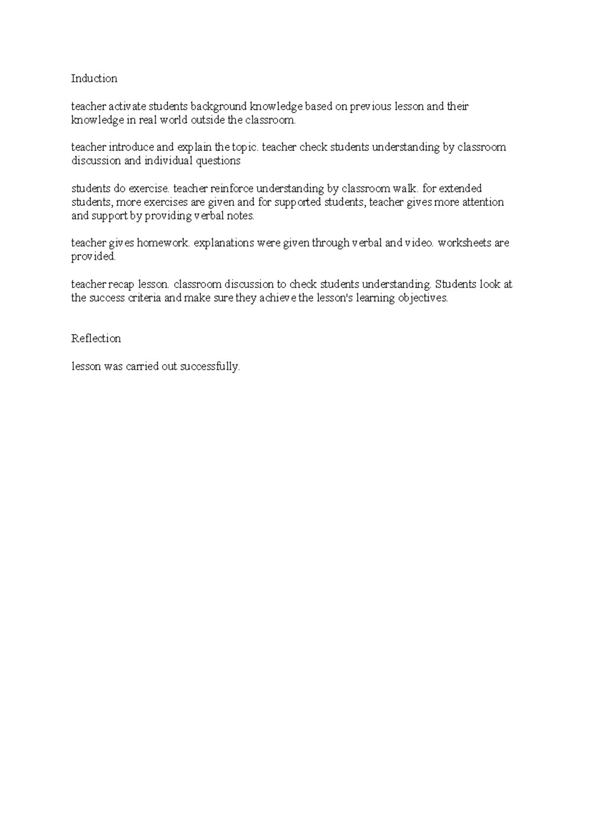 Lessonplan - Induction teacher activate students background knowledge ...
