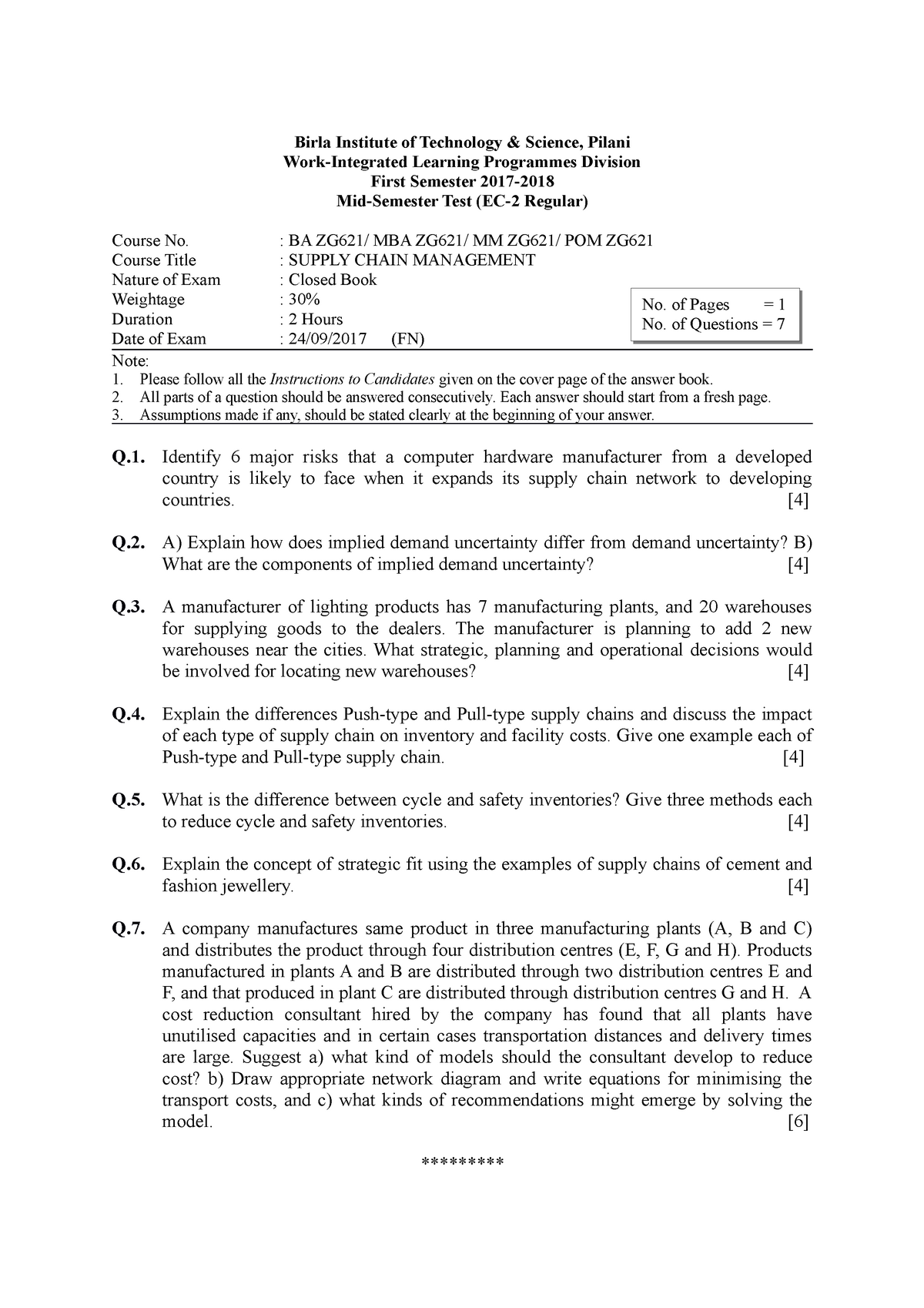 Exam 24 September 2017, questions - Birla Institute of Technology 