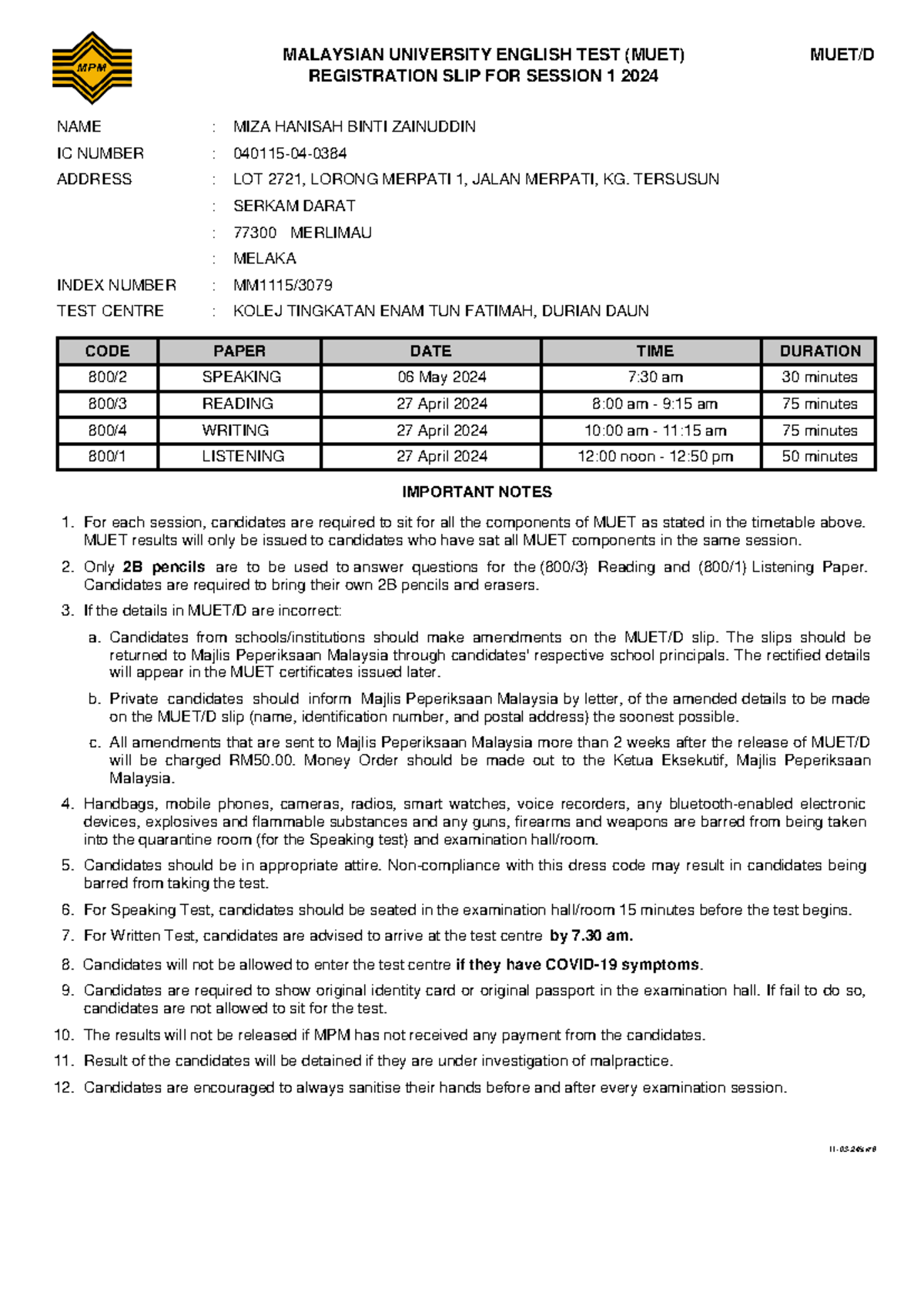 Muetd Session 1 2024 040115040384 MALAYSIAN UNIVERSITY ENGLISH TEST