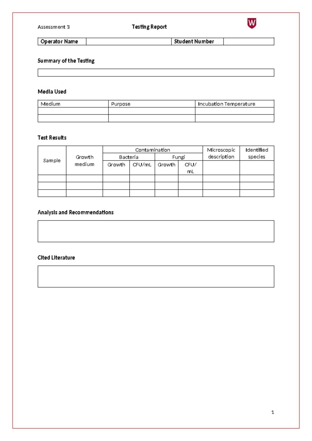 Lab Report Beer Sample Template 2023 - 300833 - Assessment 3 Testing ...