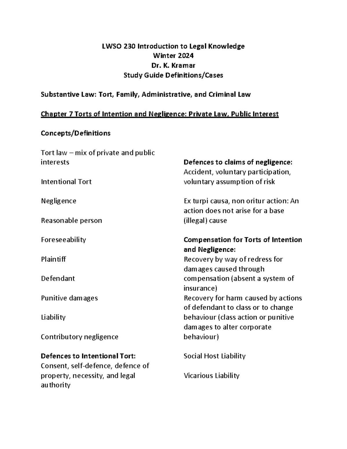 LWSO 203 W24 Final Exam Study Guide - LWSO 230 Introduction to Legal ...
