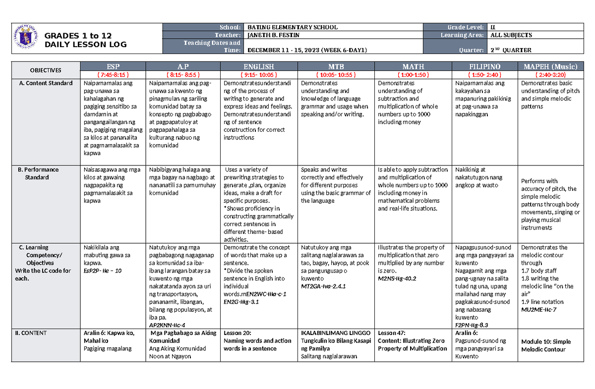 DLL ALL Subjects 2 Q2 W6 D1 - GRADES 1 to 12 DAILY LESSON LOG School ...