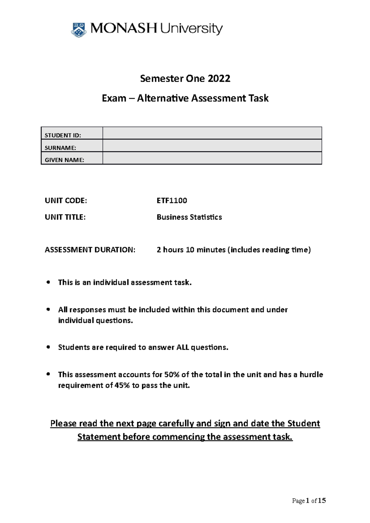 Example exam bus stats - Semester One 2022 Exam – Alternative ...