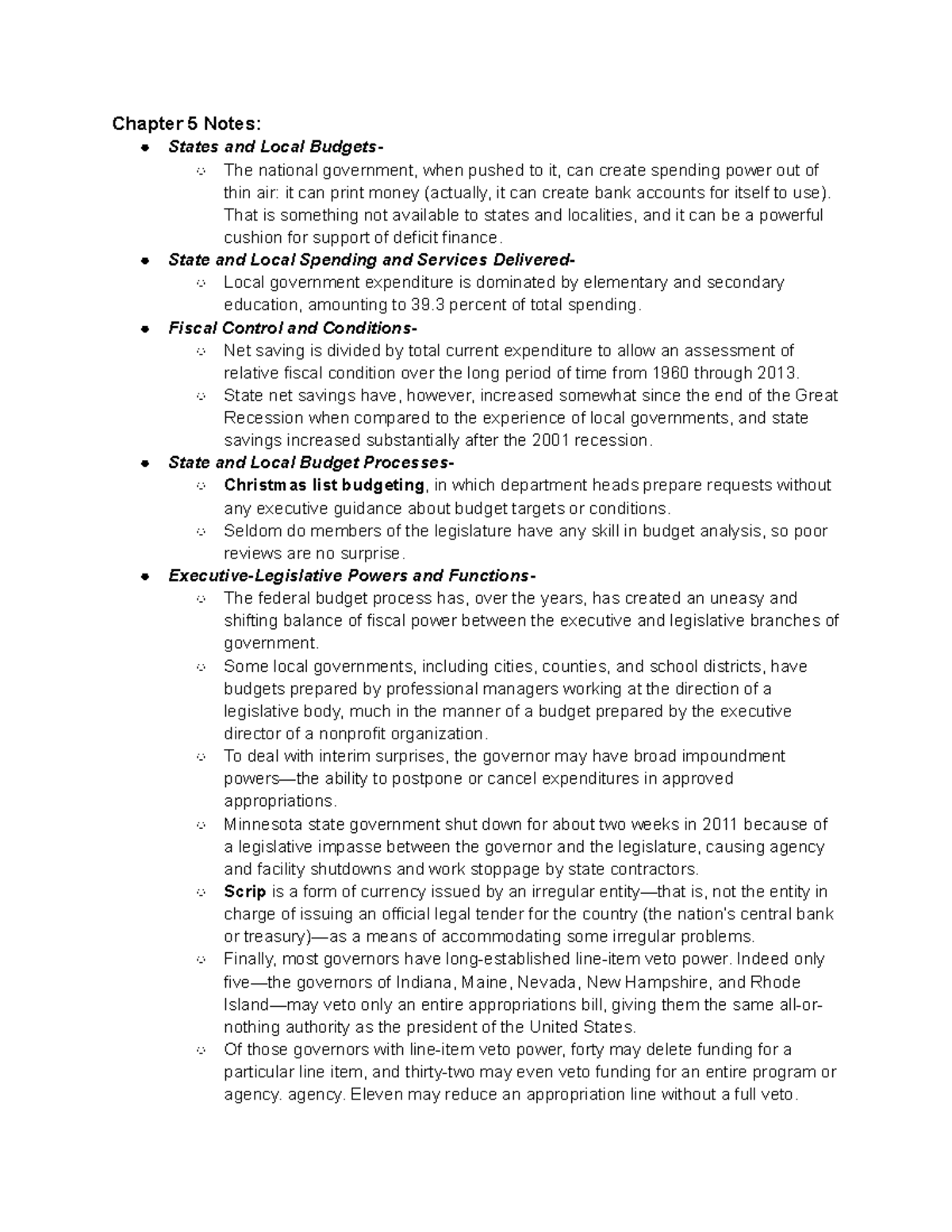 SPEA-V 186 Chapter 5 Notes - Chapter 5 Notes: States and Local Budgets ...