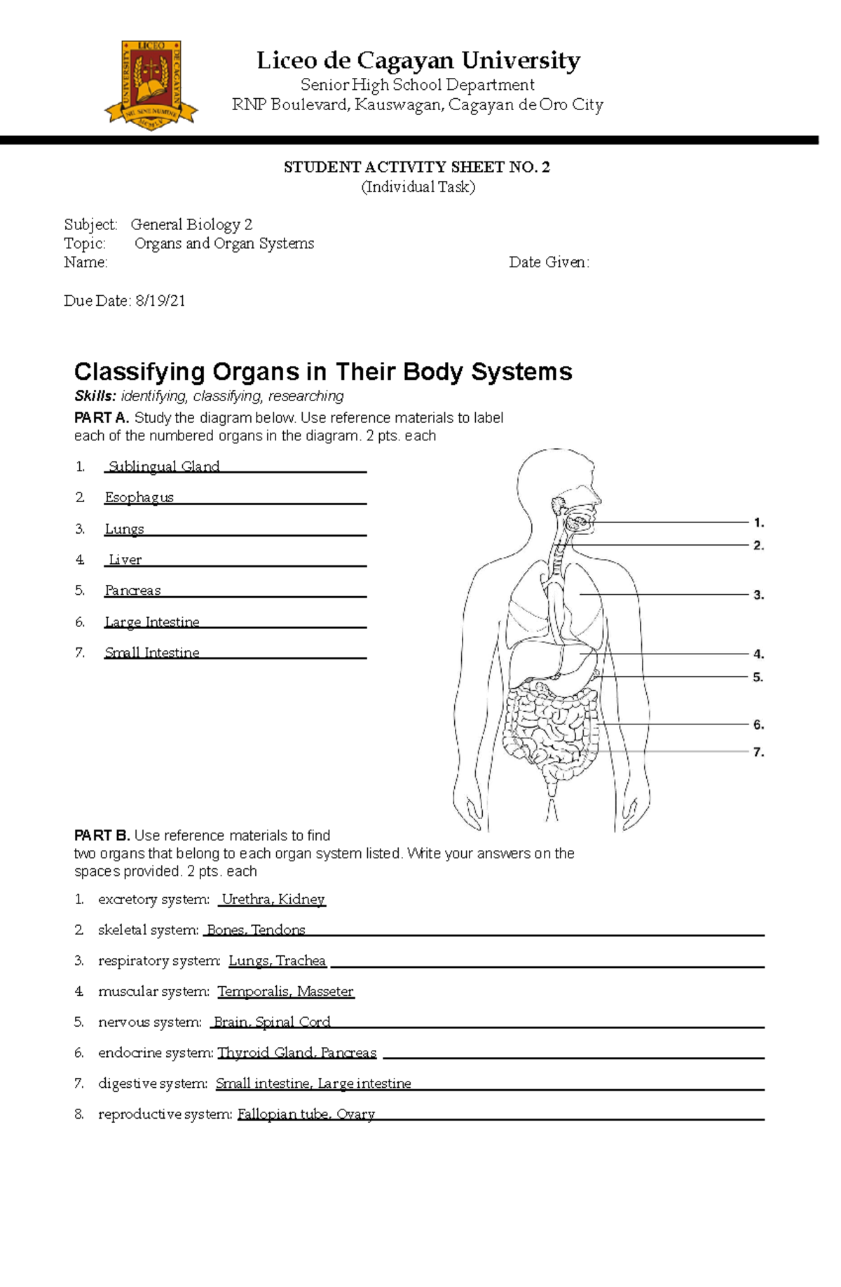 Activity Sheet 2 - Animal - Liceo De Cagayan University Senior High 