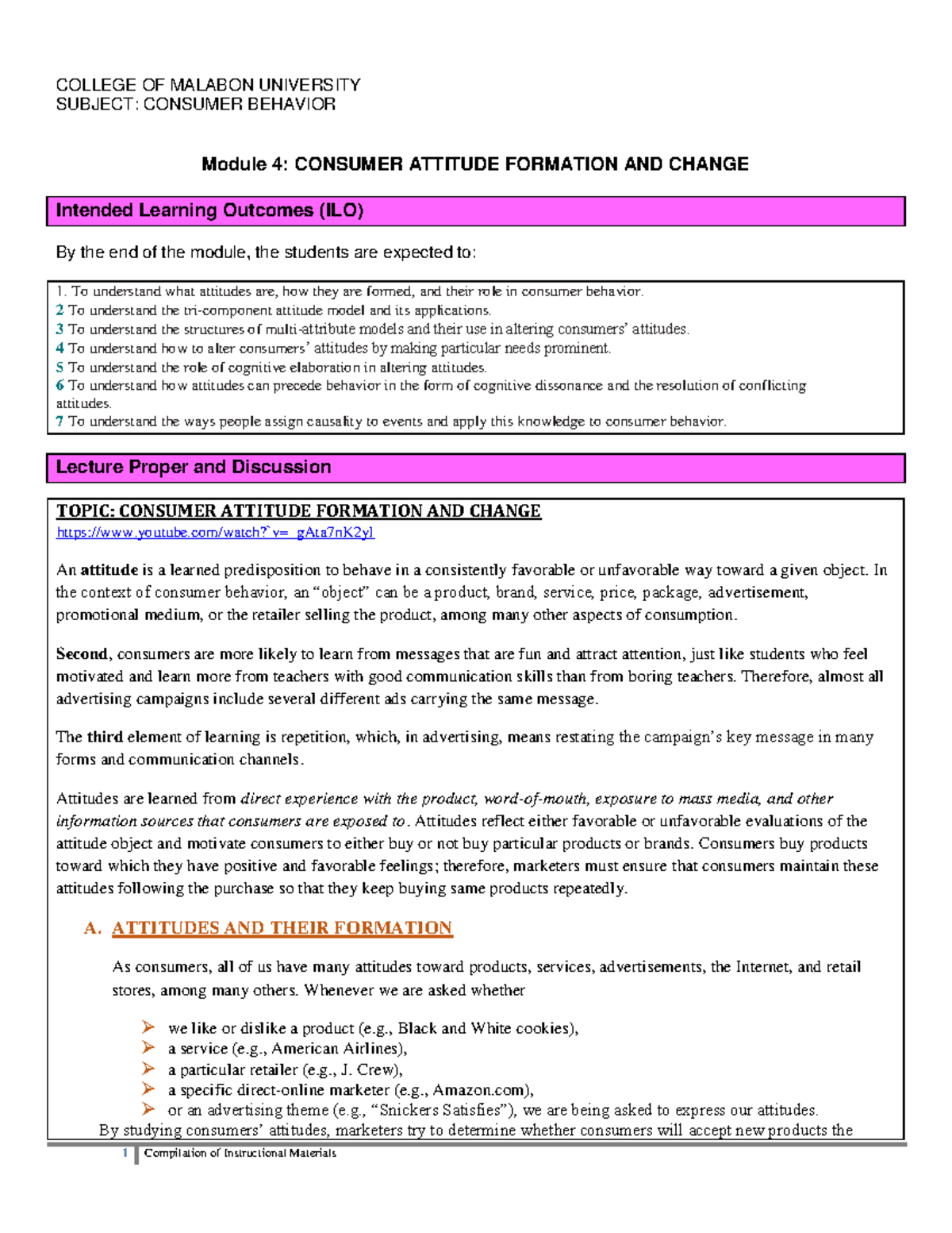 Module 4 PDF Consumer Attitude formation and change - COLLEGE OF ...