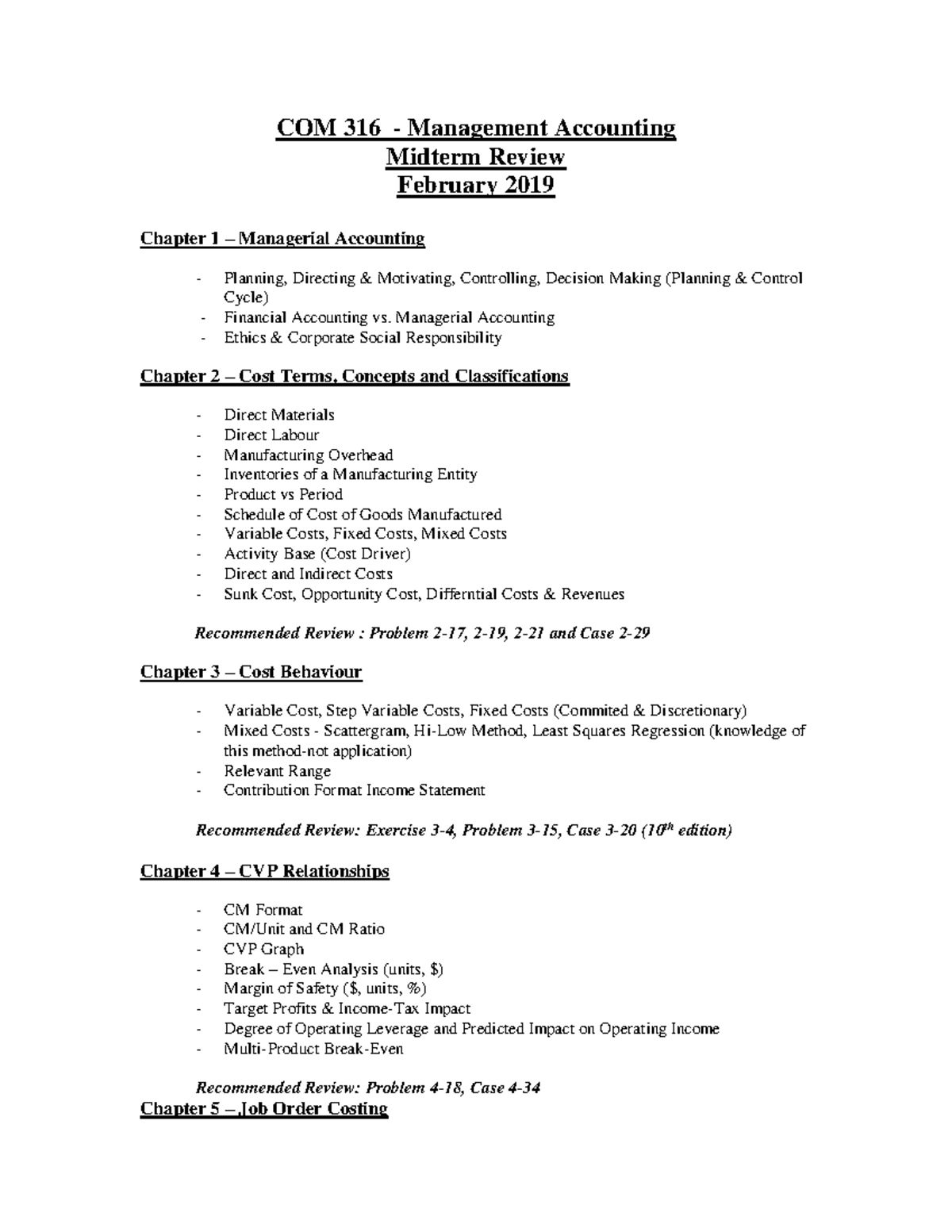 Midterm Outline Ch1,2,3,4,5,7 - COM 316 - Management Accounting Midterm ...