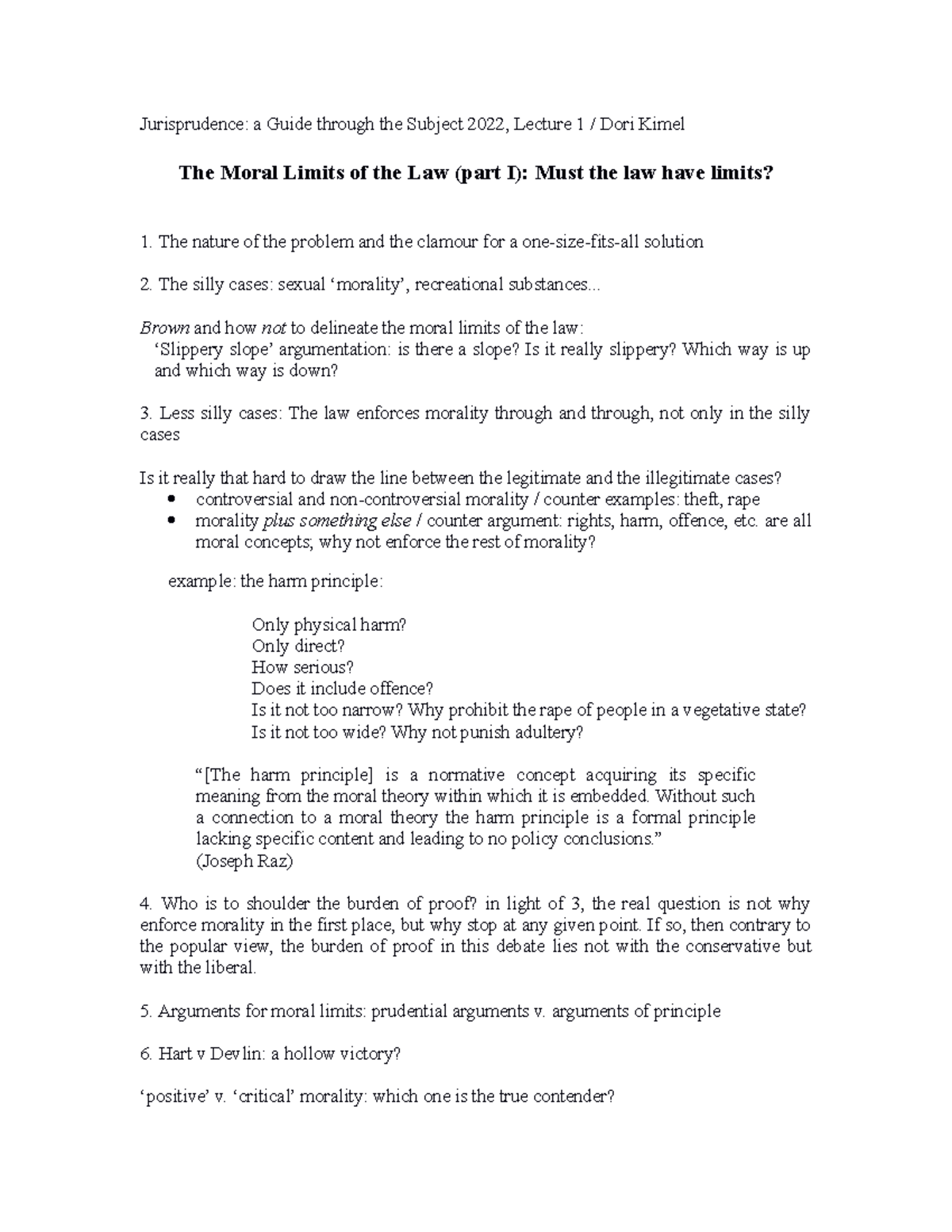 The Moral Limits handout Jurisprudence a Guide through the Subject